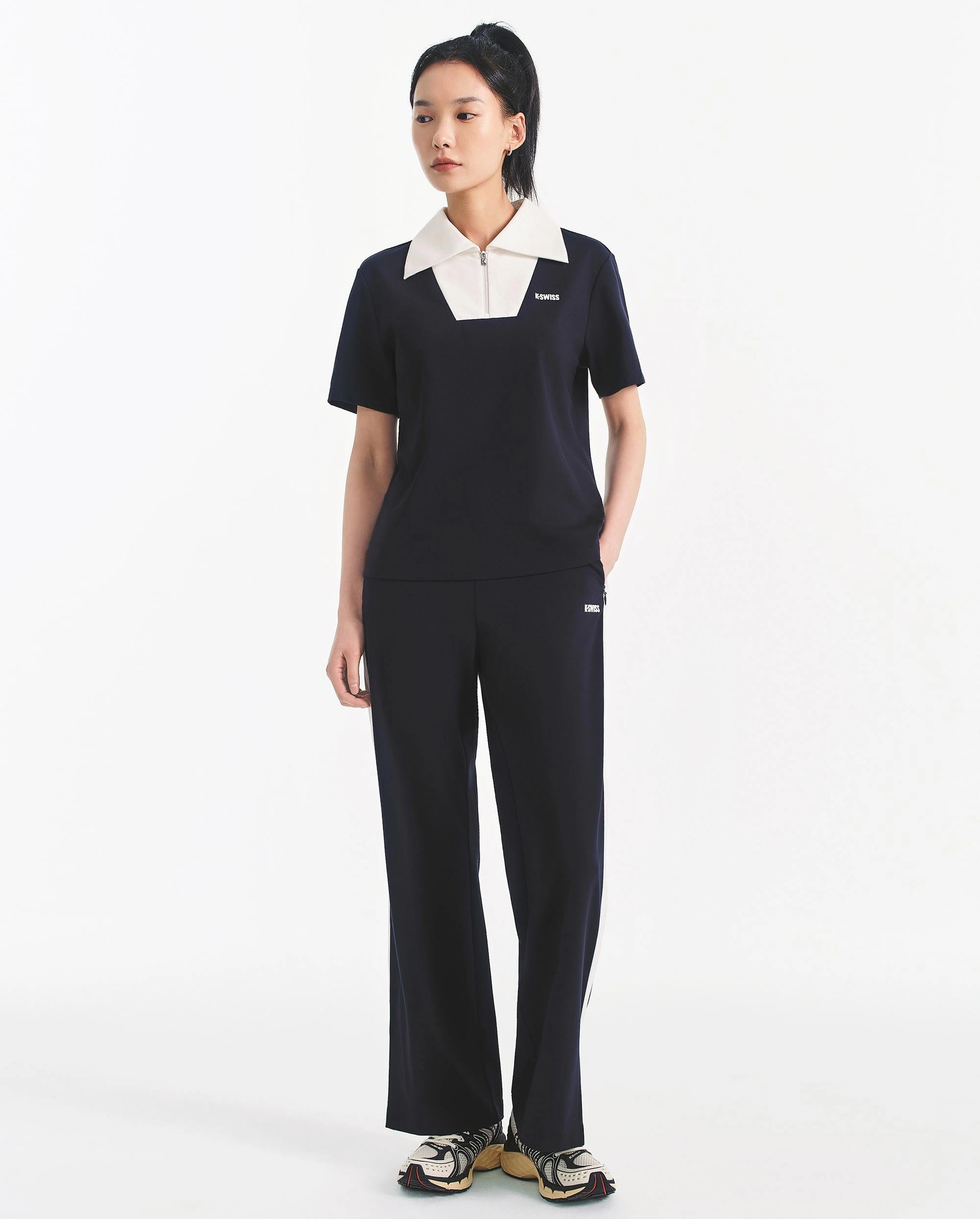 1911655-401 | WOMEN'S HALF-ZIP LOOSE FIT COLOR BLOCK POLO SHIRT | NAVY
