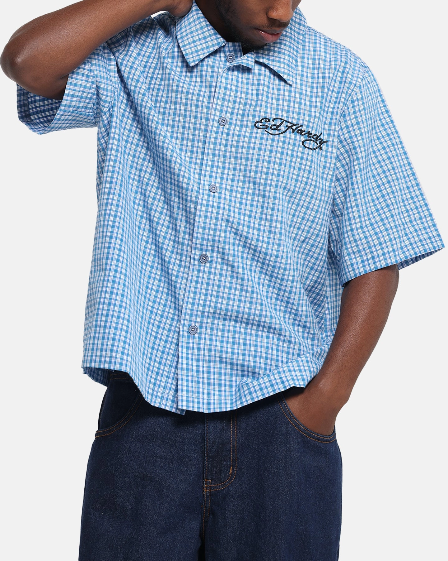 Ed Hardy Panther Button-Up Shirt Blue
