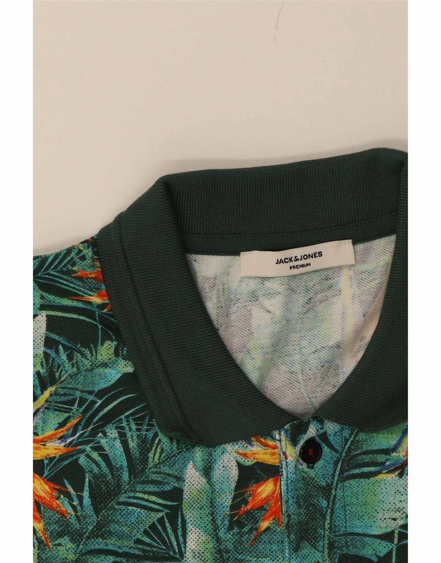 JACK & JONES Mens Polo Shirt Large Green Floral Cotton Tropical
