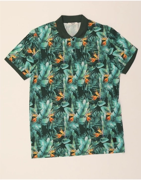 JACK & JONES Mens Polo Shirt Large Green Floral Cotton Tropical