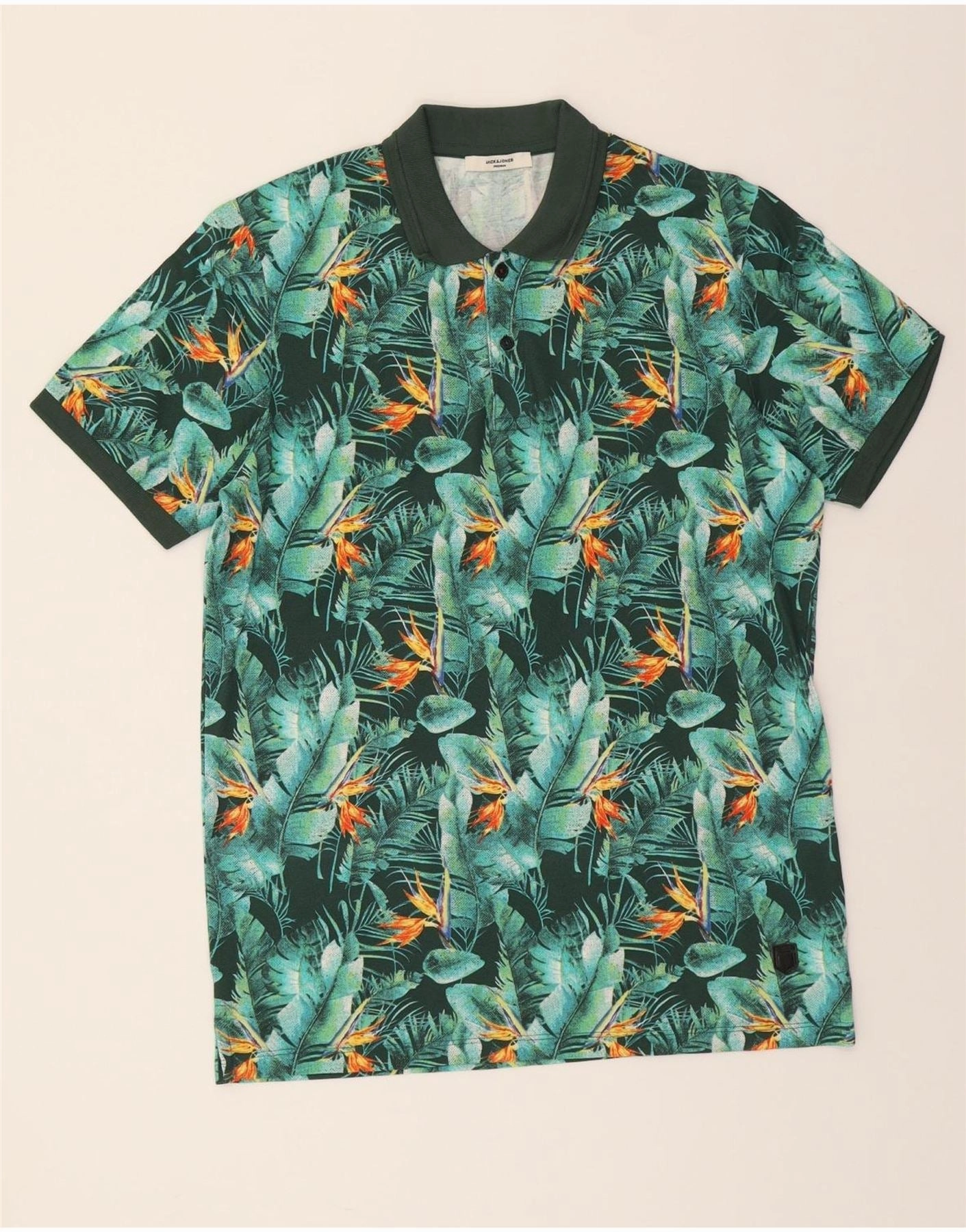 JACK & JONES Mens Polo Shirt Large Green Floral Cotton Tropical