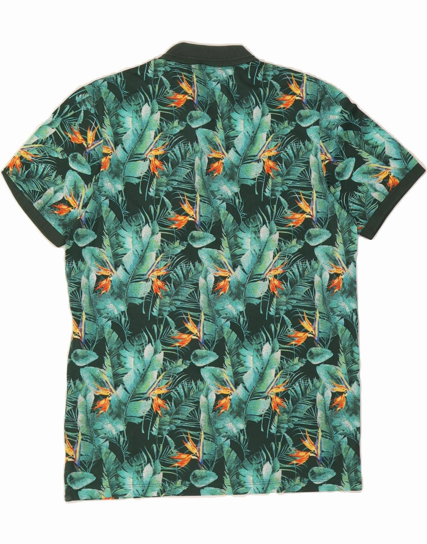 JACK & JONES Mens Polo Shirt Large Green Floral Cotton Tropical