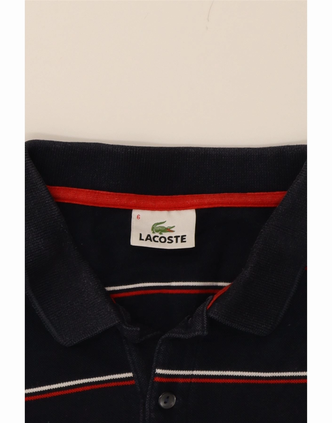 LACOSTE Mens Polo Shirt Size 6 XL Navy Blue Striped Cotton