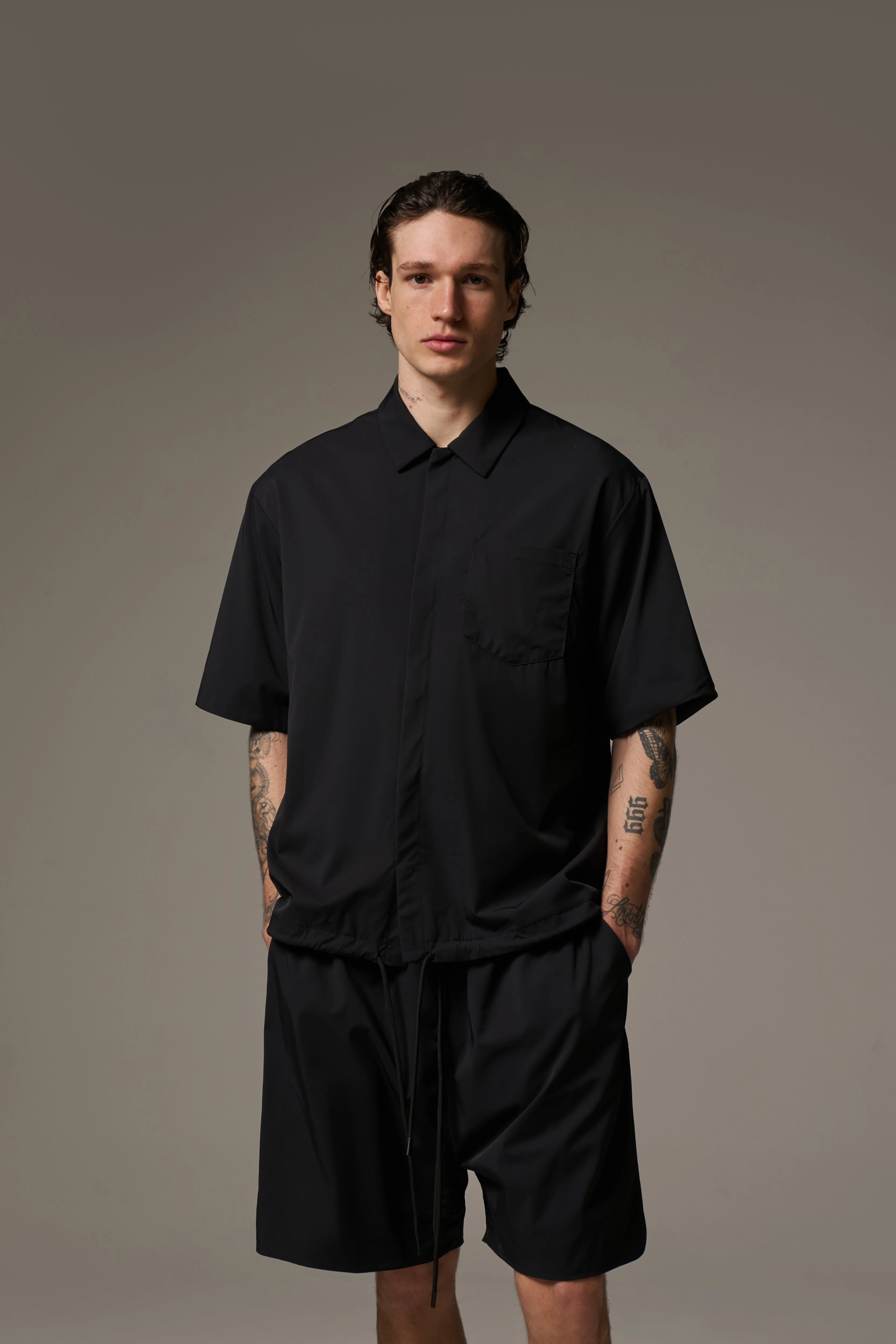 NYLON DRAWCORD SHIRT - BLACK