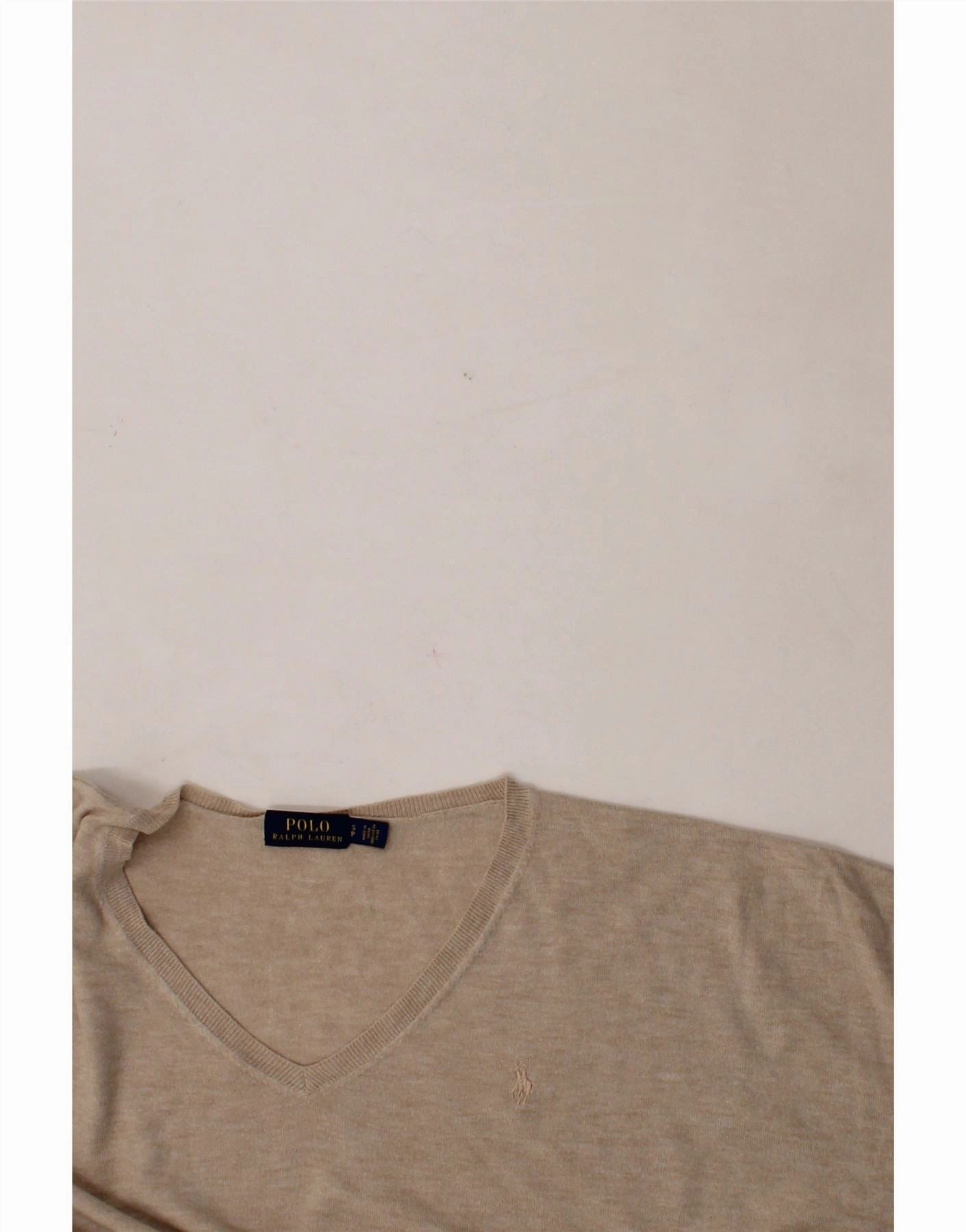 POLO RALPH LAUREN Womens Oversized V-Neck Jumper Sweater UK 10 Small Beige