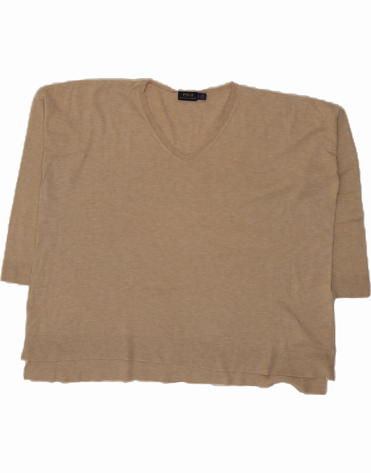 POLO RALPH LAUREN Womens Oversized V-Neck Jumper Sweater UK 10 Small Beige