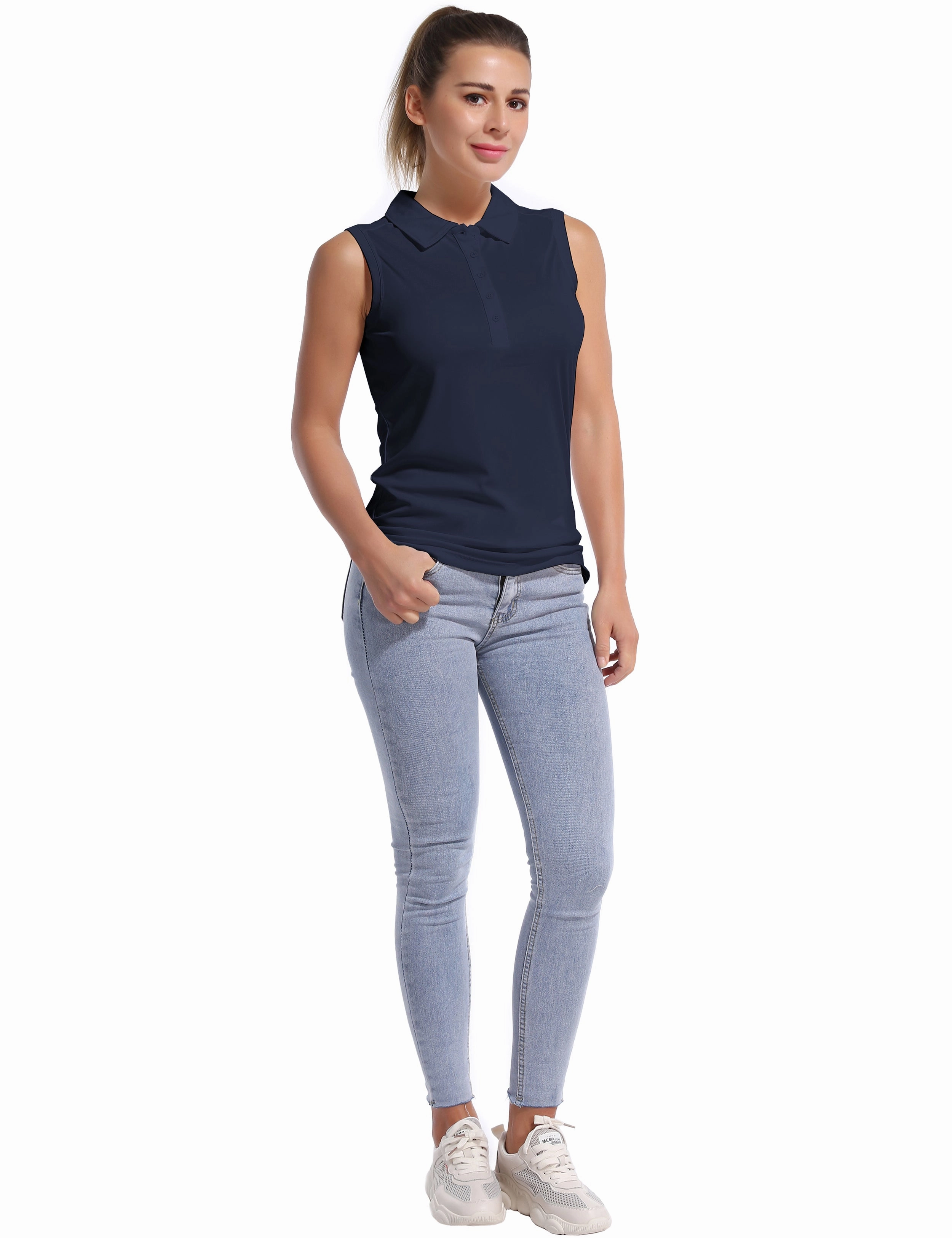 Sleeveless Slim Fit Polo Shirt darknavy_Plus Size