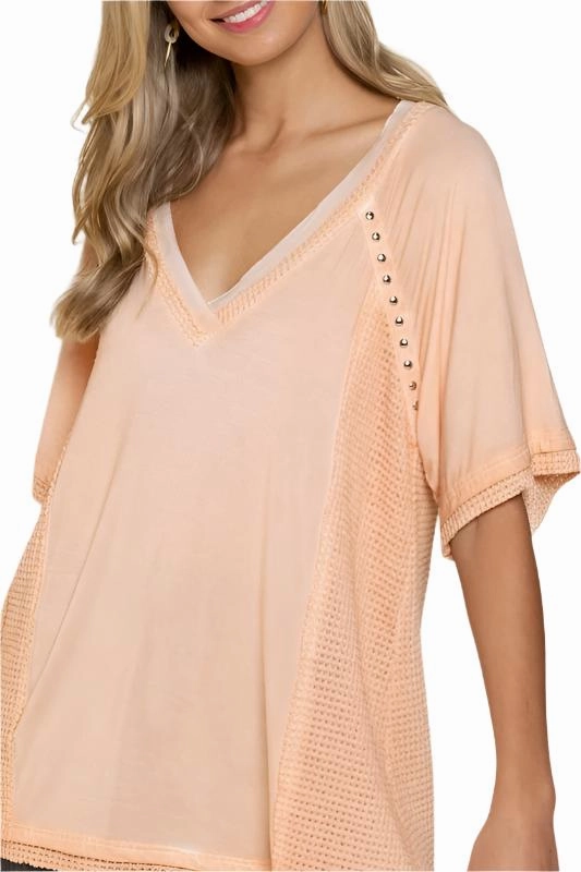 Studded Strappy Back Waffle Mixed Knit Top