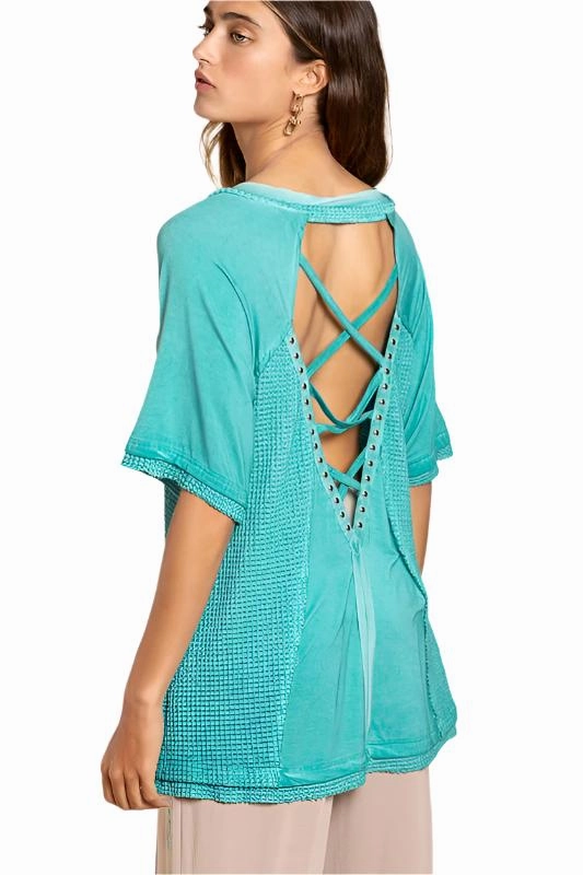 Studded Strappy Back Waffle Mixed Knit Top