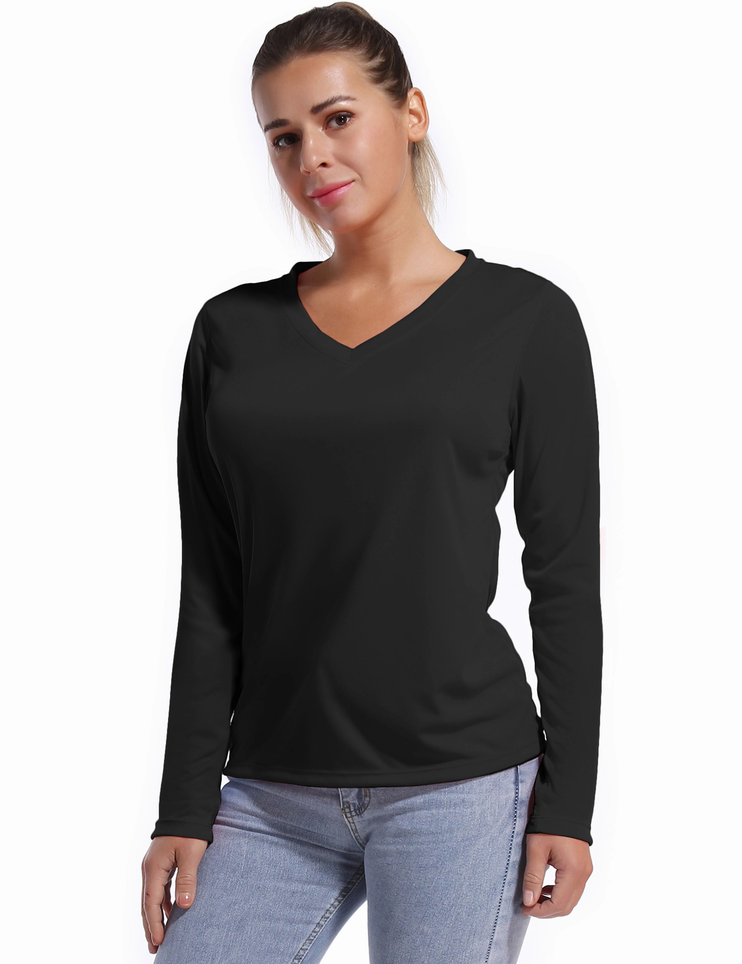 V Neck Long Sleeve Athletic Shirts black_yogastudio