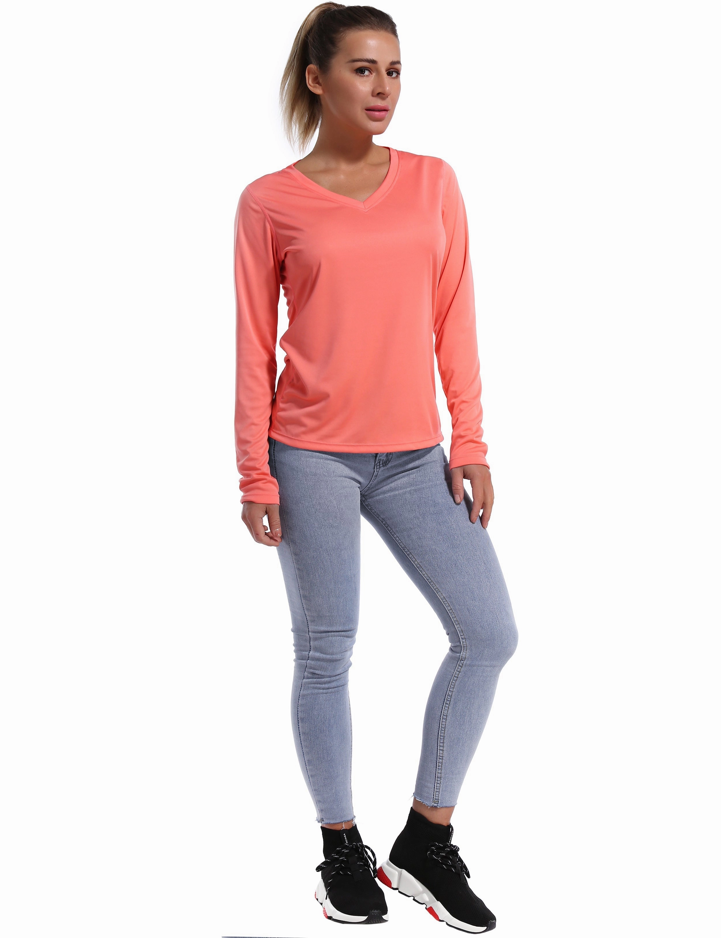 V Neck Long Sleeve Athletic Shirts coral_Plus Size