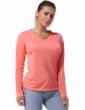V Neck Long Sleeve Athletic Shirts coral_Plus Size