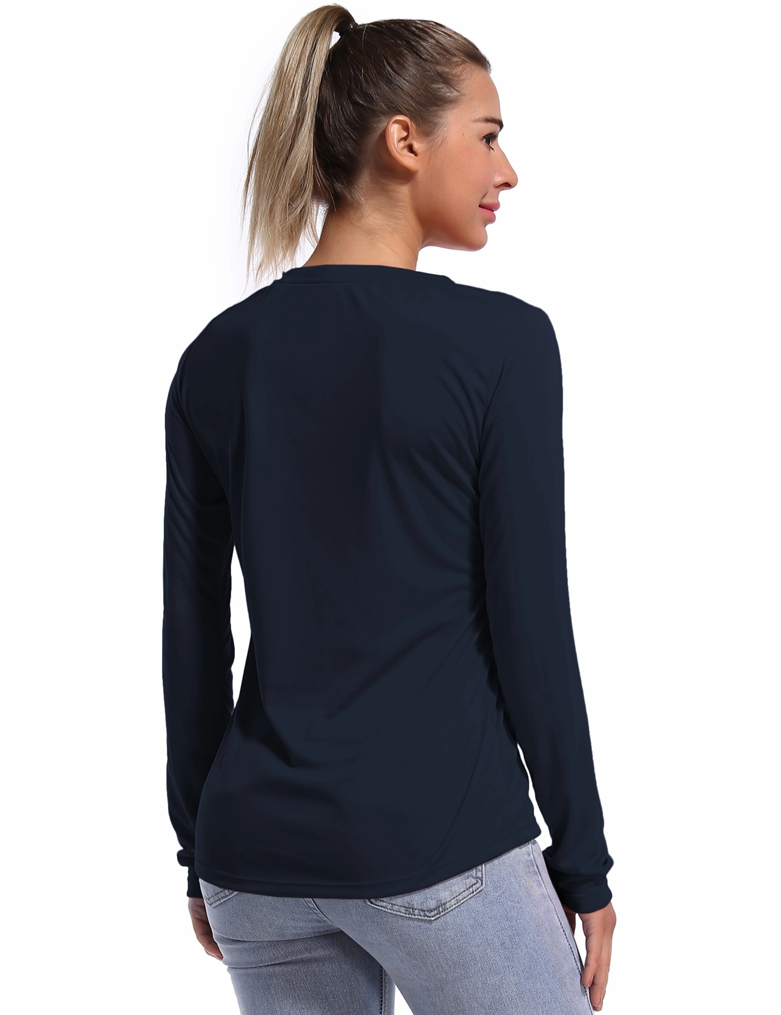 V Neck Long Sleeve Athletic Shirts darknavy_Pilates