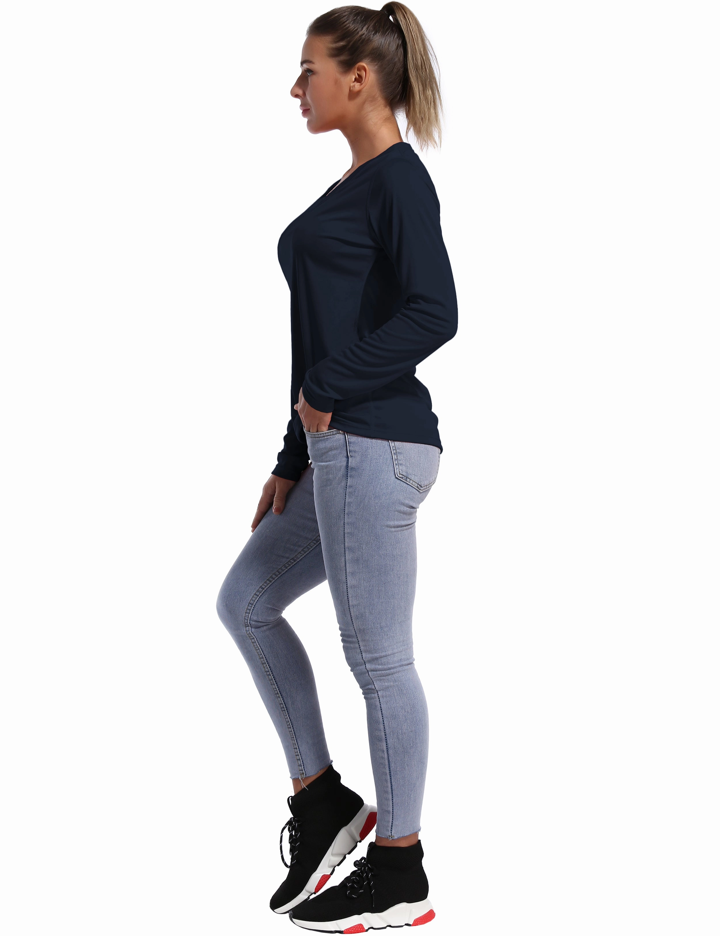 V Neck Long Sleeve Athletic Shirts darknavy_Tall Size