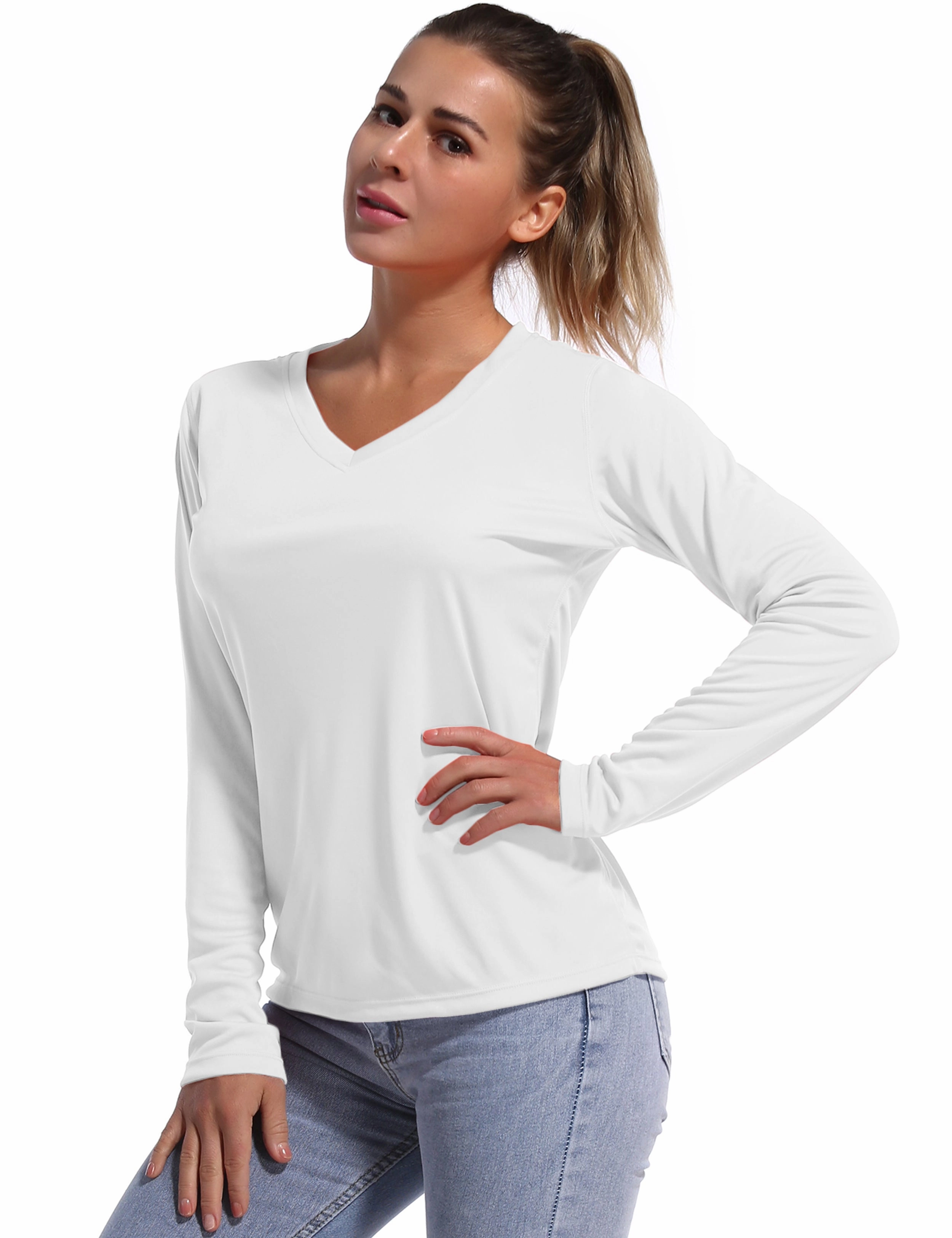 V Neck Long Sleeve Athletic Shirts white_Jogging