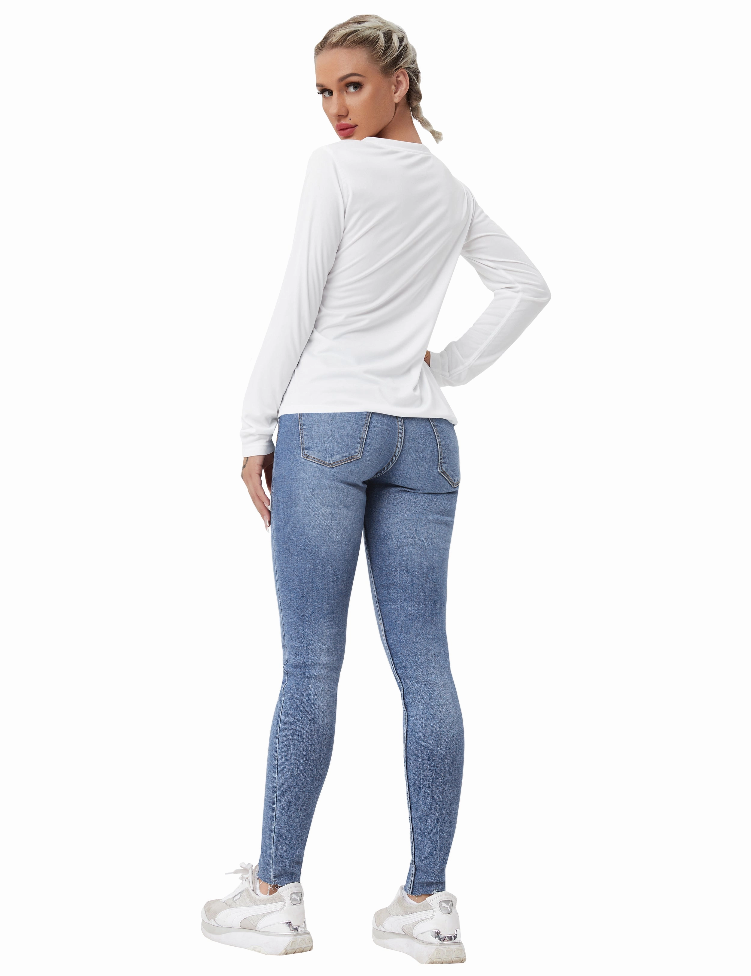 V Neck Long Sleeve Athletic Shirts white_Jogging