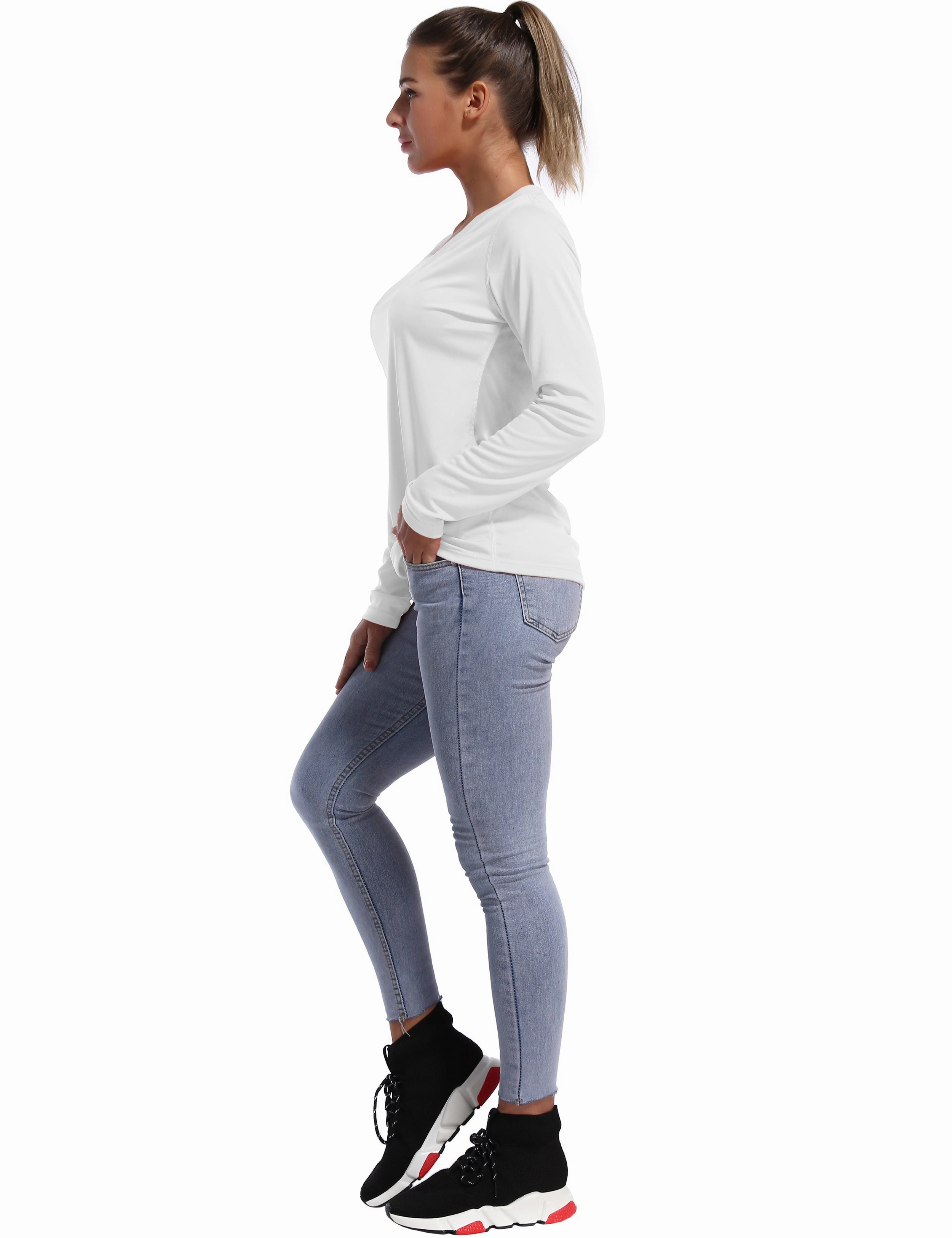 V Neck Long Sleeve Athletic Shirts white_Jogging
