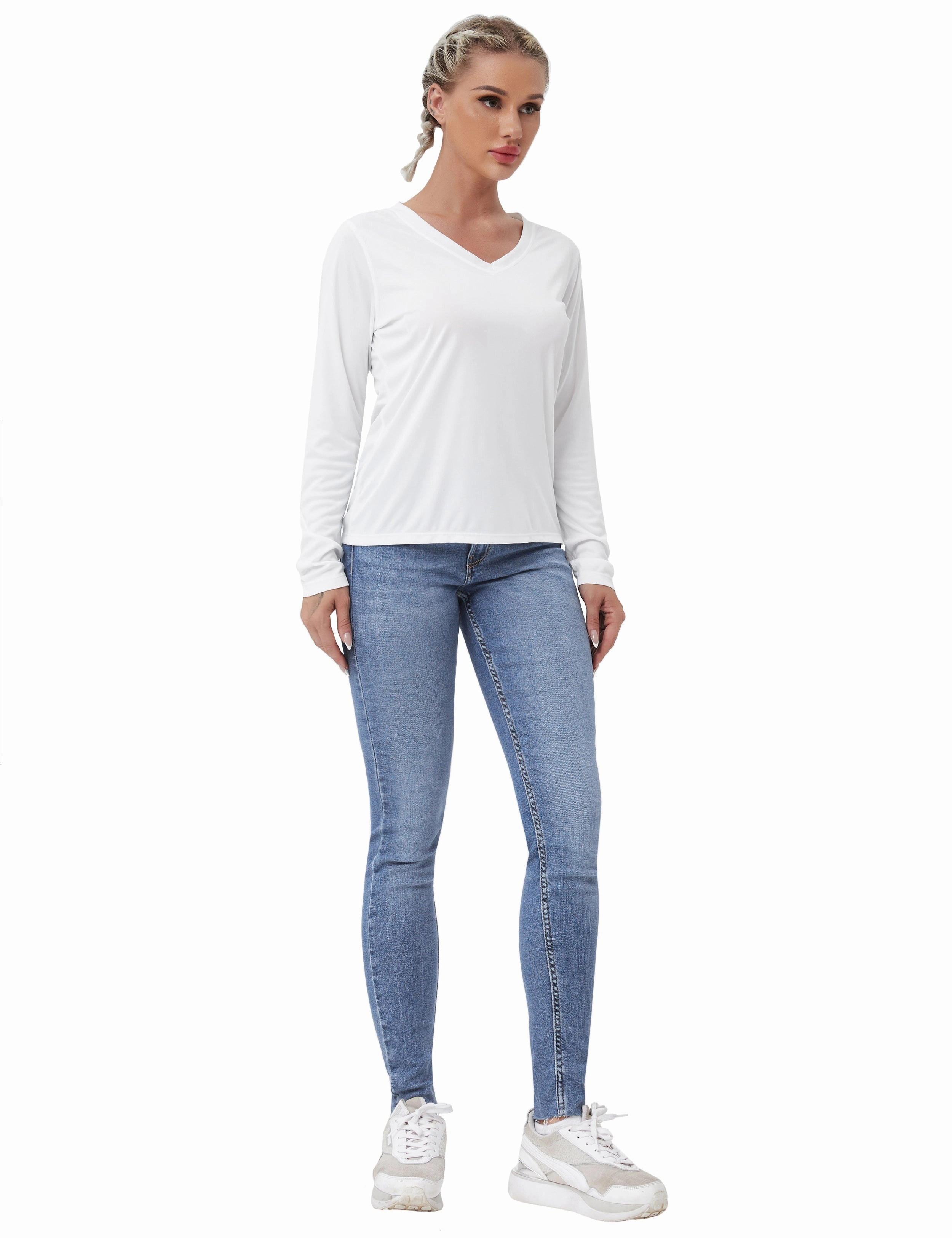 V Neck Long Sleeve Athletic Shirts white_Jogging