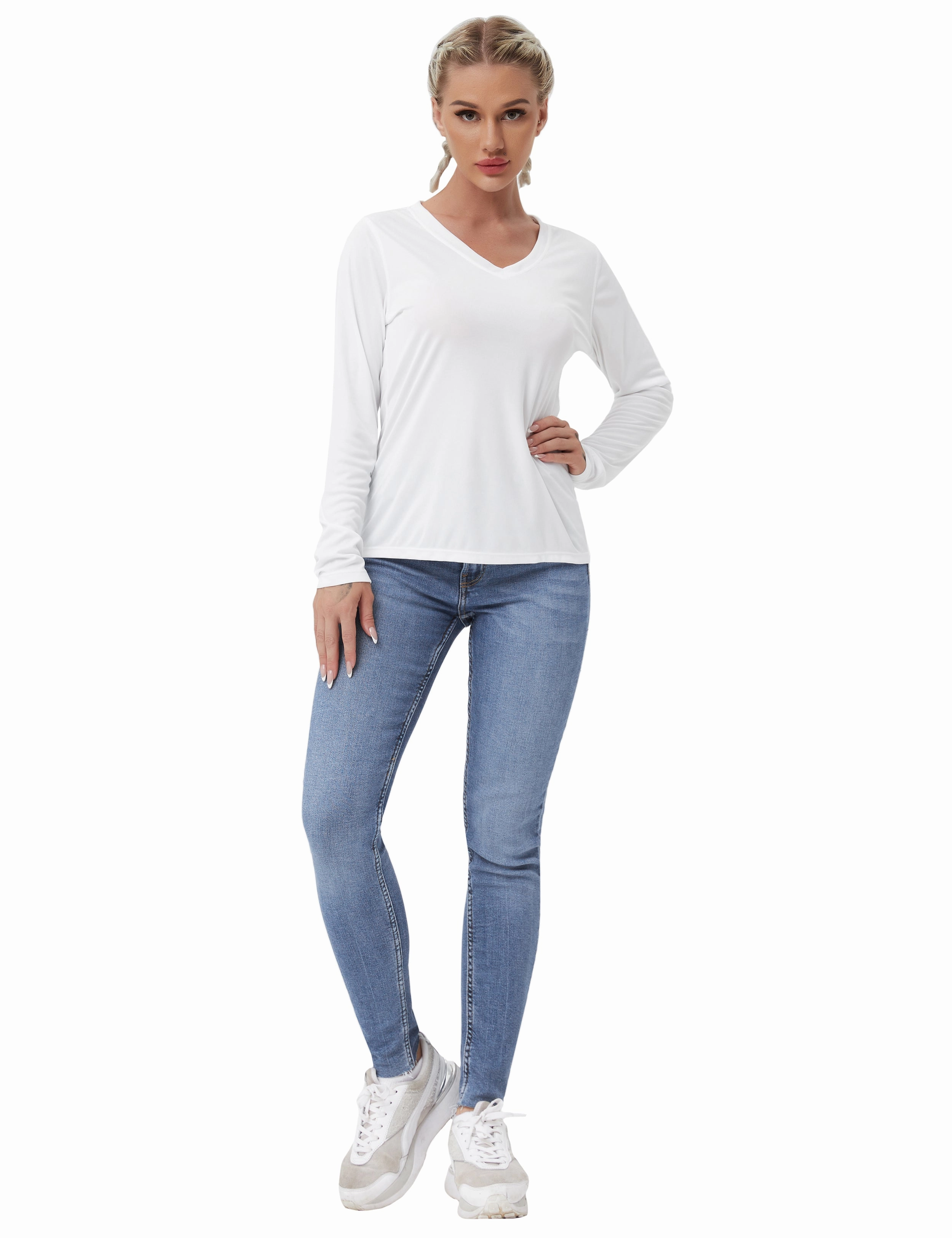 V Neck Long Sleeve Athletic Shirts white_Jogging