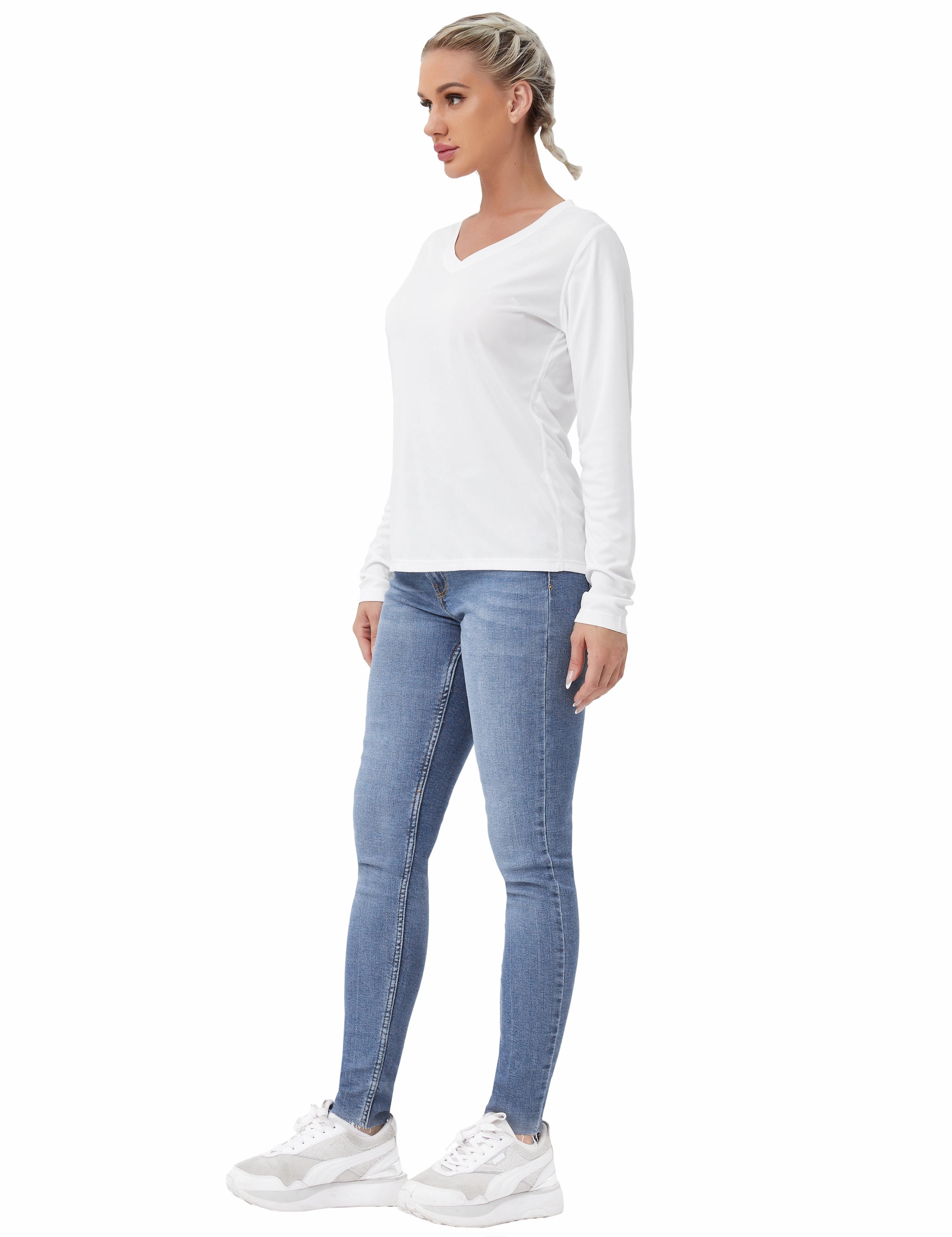 V Neck Long Sleeve Athletic Shirts white_Jogging