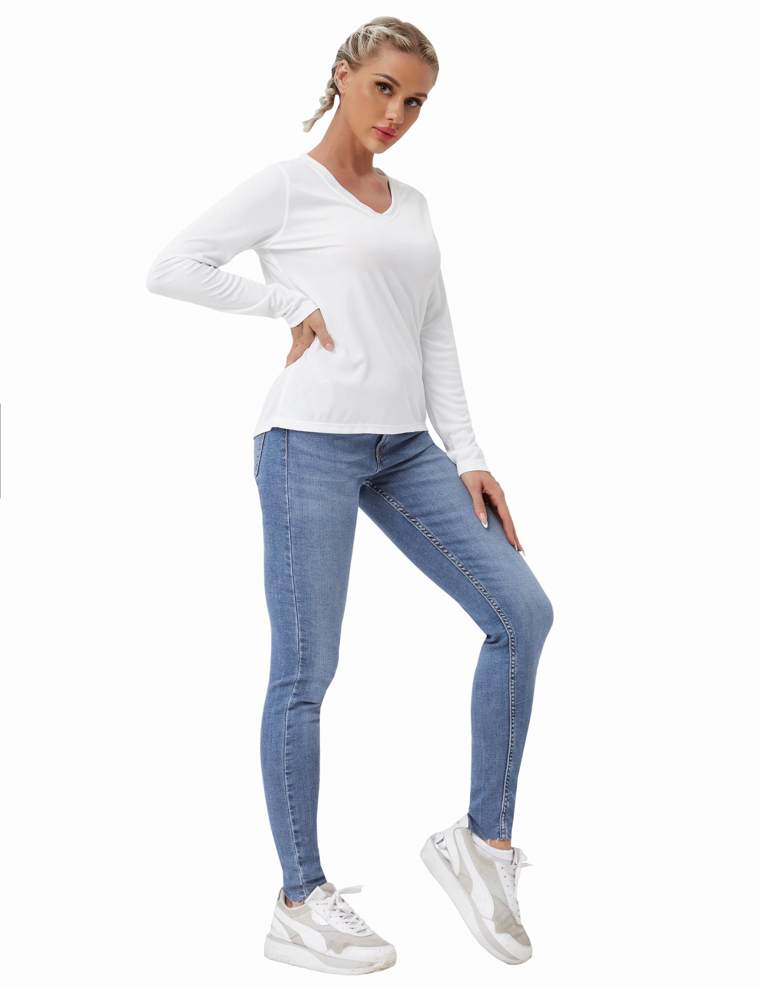 V Neck Long Sleeve Athletic Shirts white_Plus Size