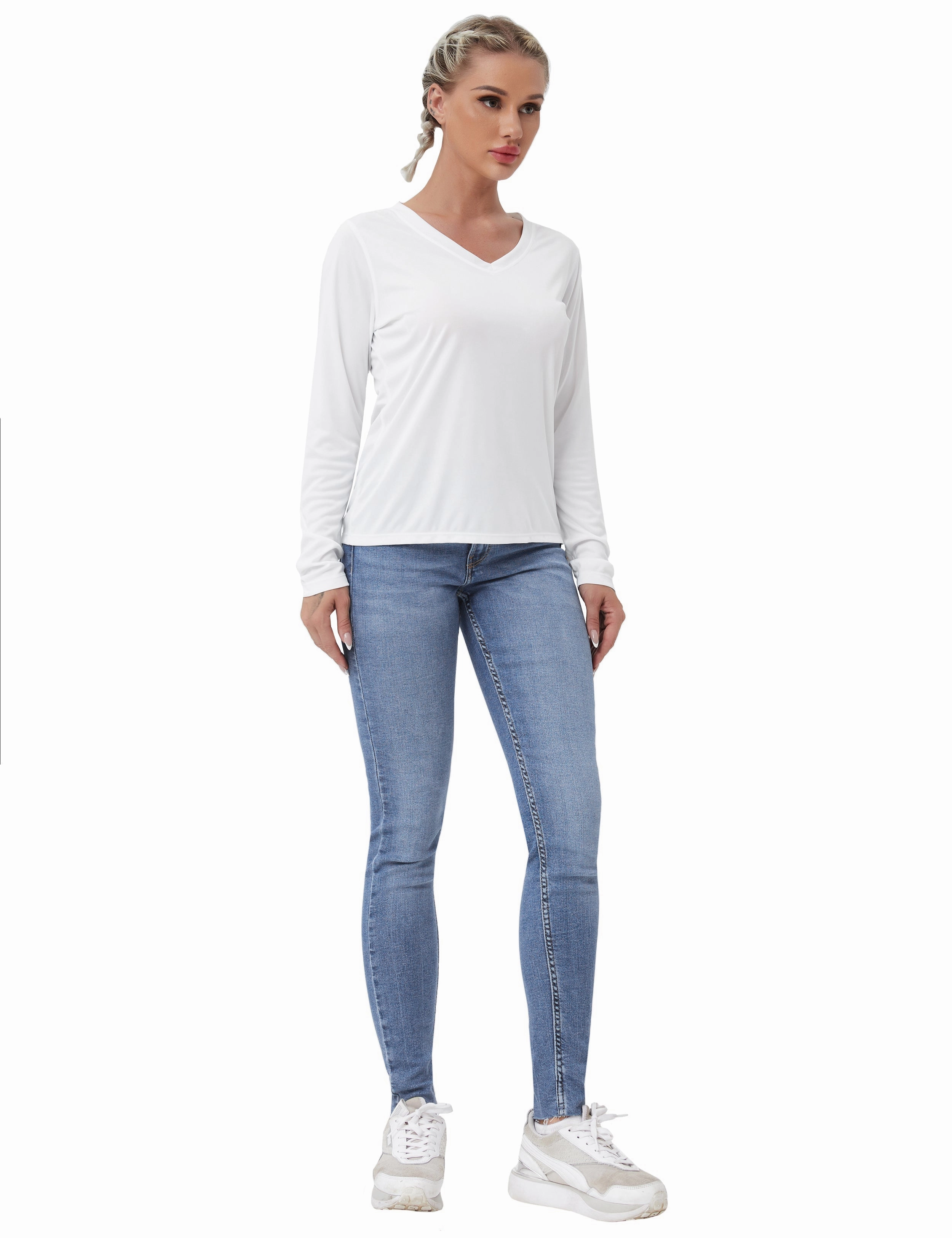 V Neck Long Sleeve Athletic Shirts white_Plus Size