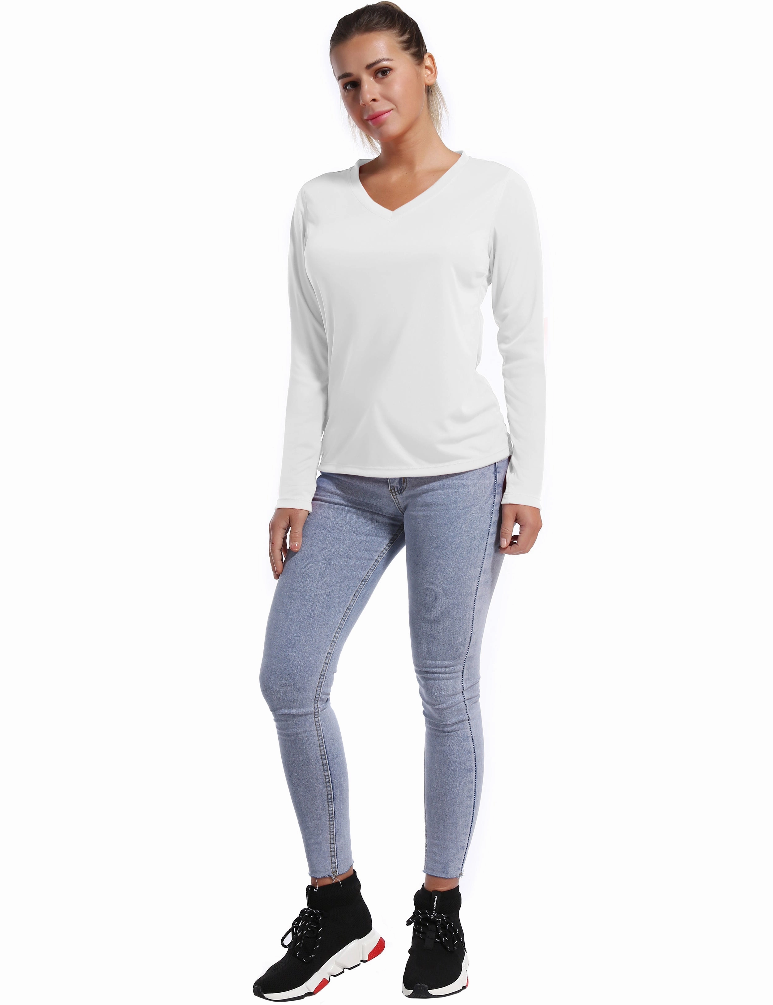 V Neck Long Sleeve Athletic Shirts white_Plus Size