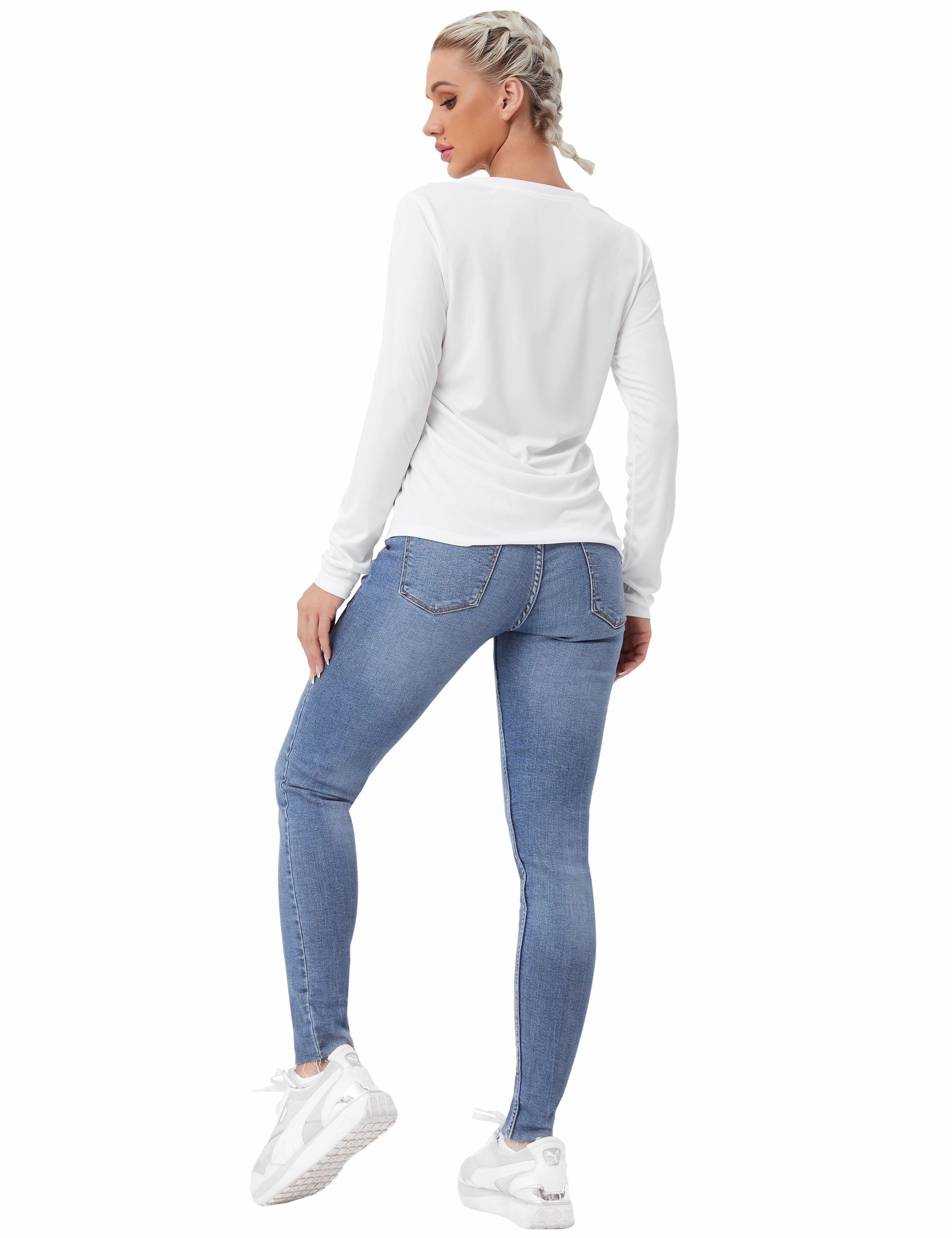 V Neck Long Sleeve Athletic Shirts white_Plus Size