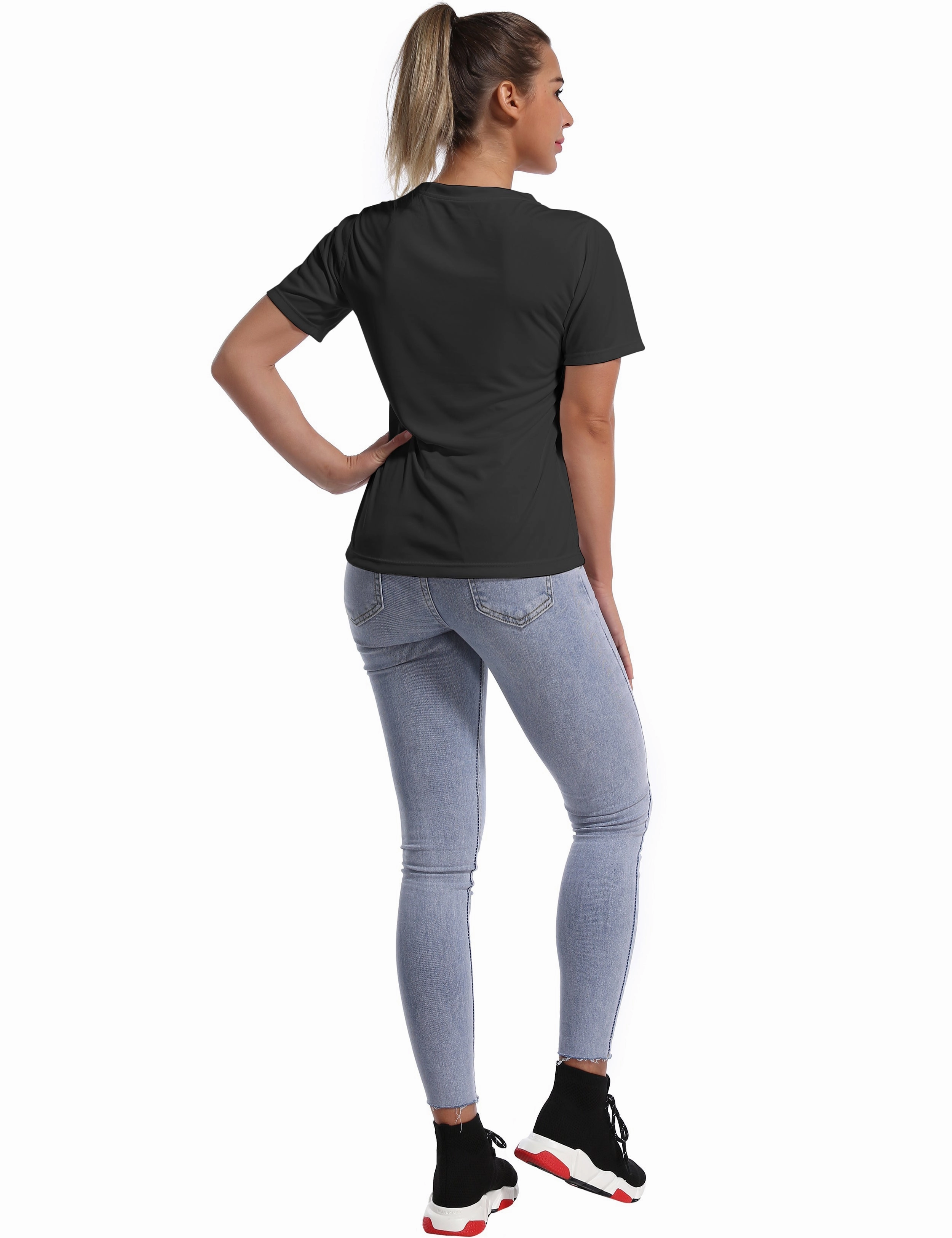 V-Neck Short Sleeve Athletic Shirts black_Plus Size