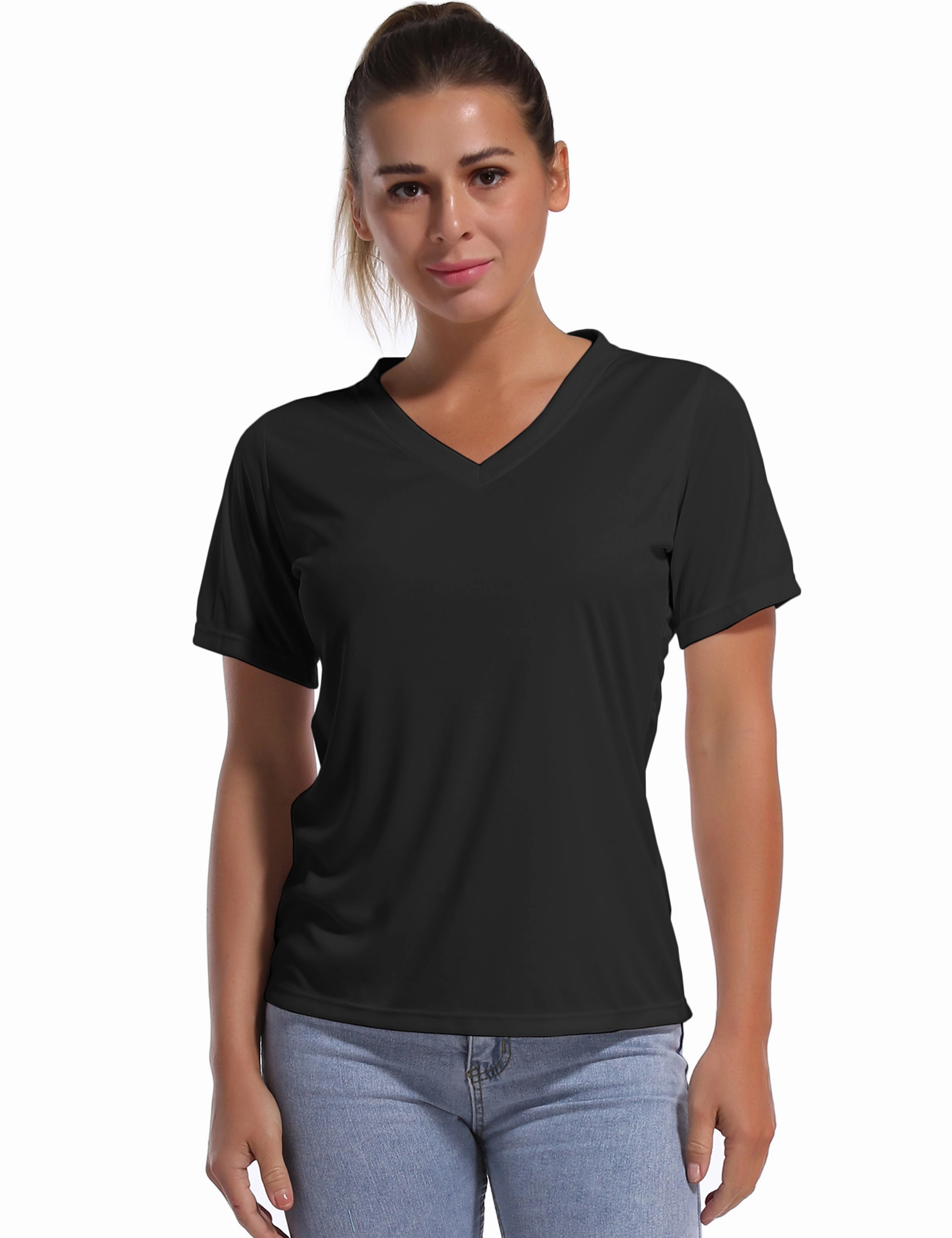 V-Neck Short Sleeve Athletic Shirts black_Plus Size