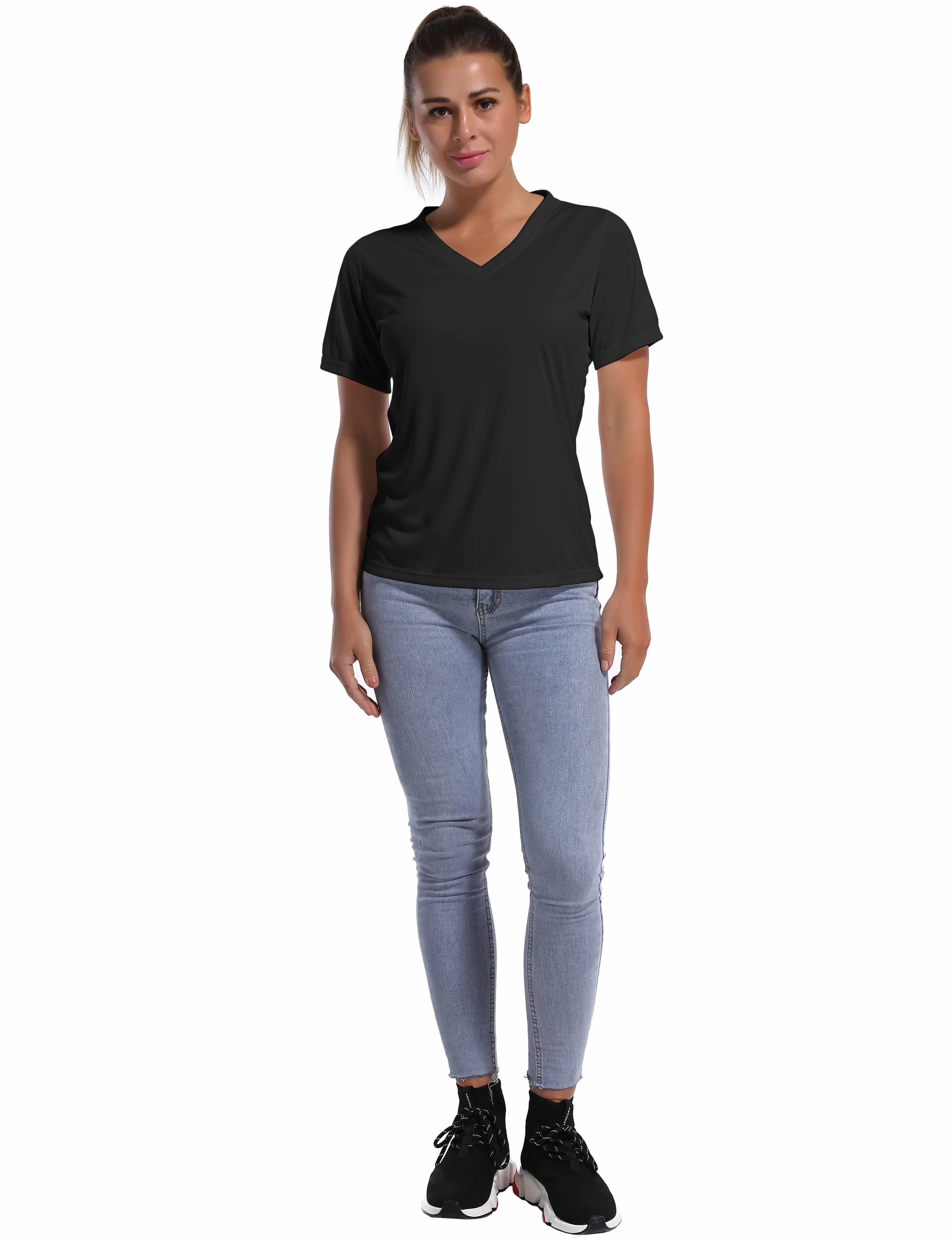 V-Neck Short Sleeve Athletic Shirts black_Plus Size