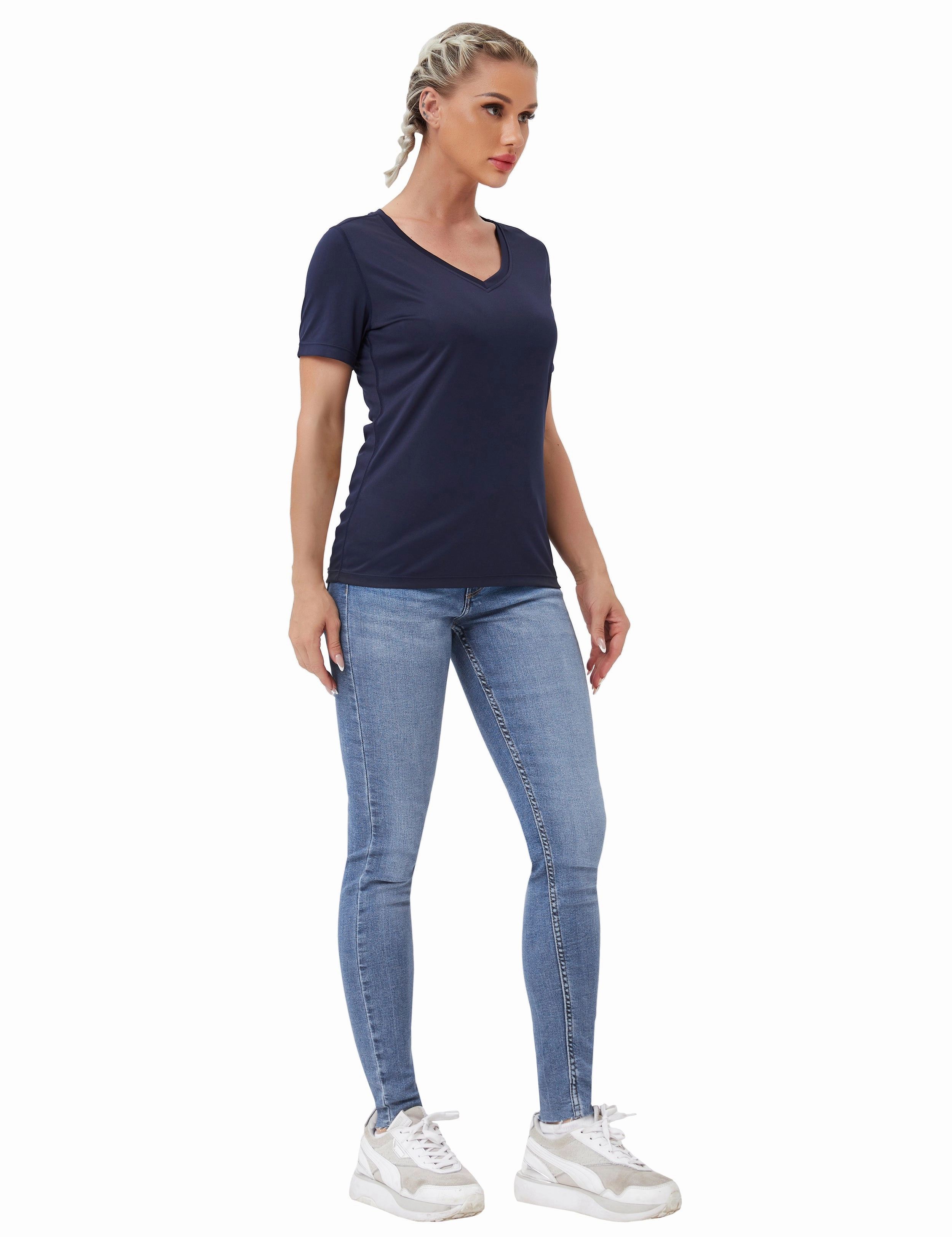 V-Neck Short Sleeve Athletic Shirts darknavy_Plus Size