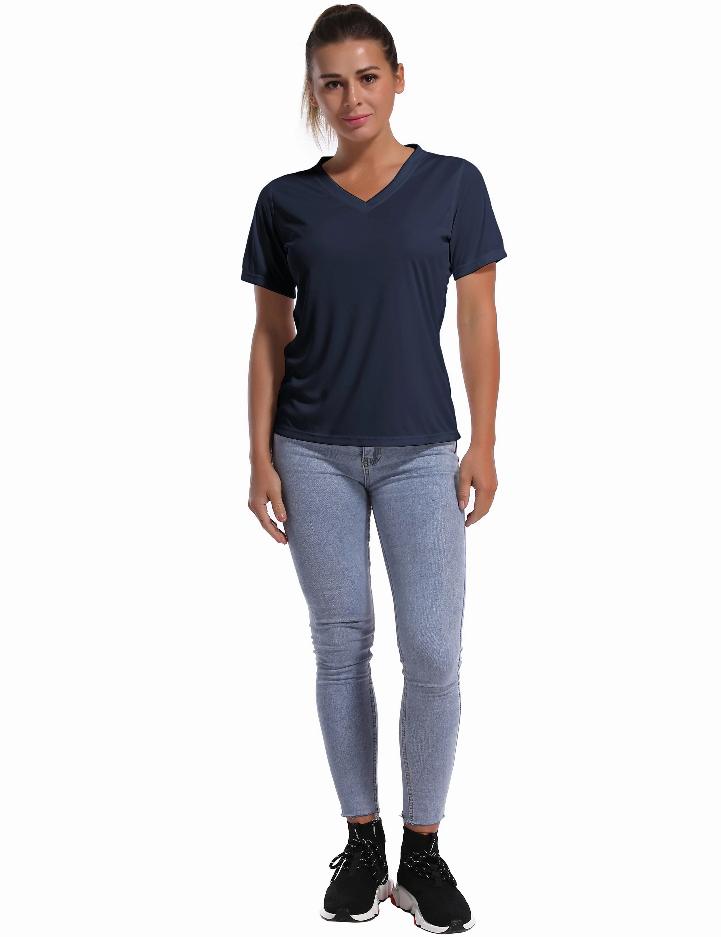 V-Neck Short Sleeve Athletic Shirts darknavy_Plus Size