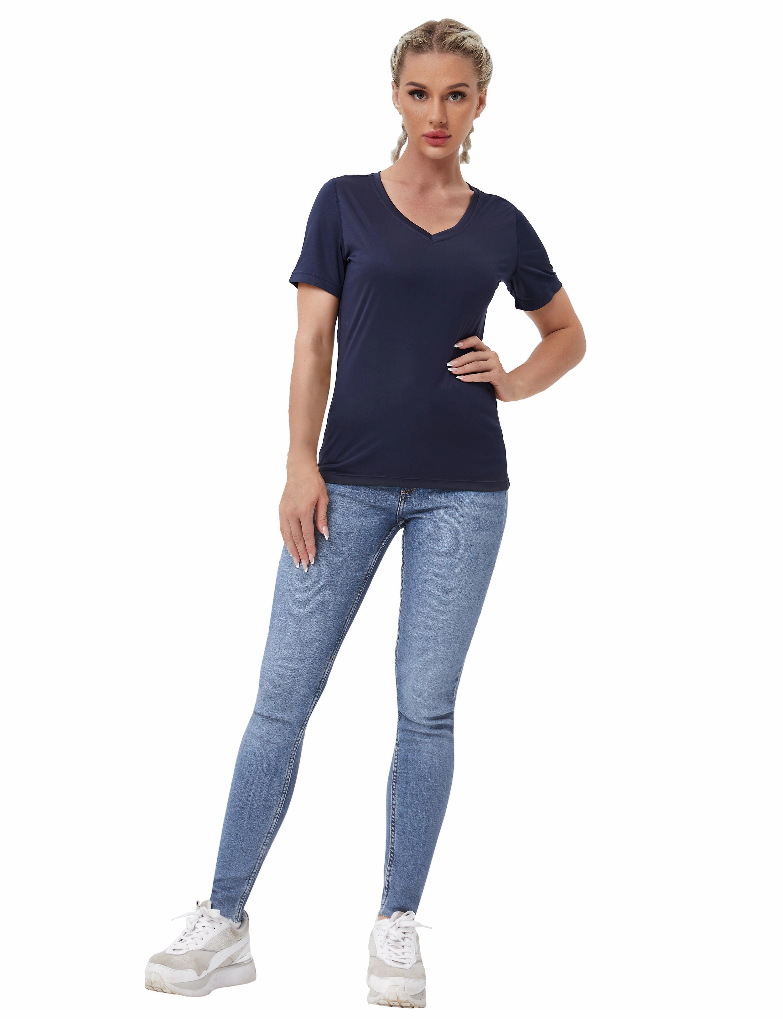 V-Neck Short Sleeve Athletic Shirts darknavy_Plus Size