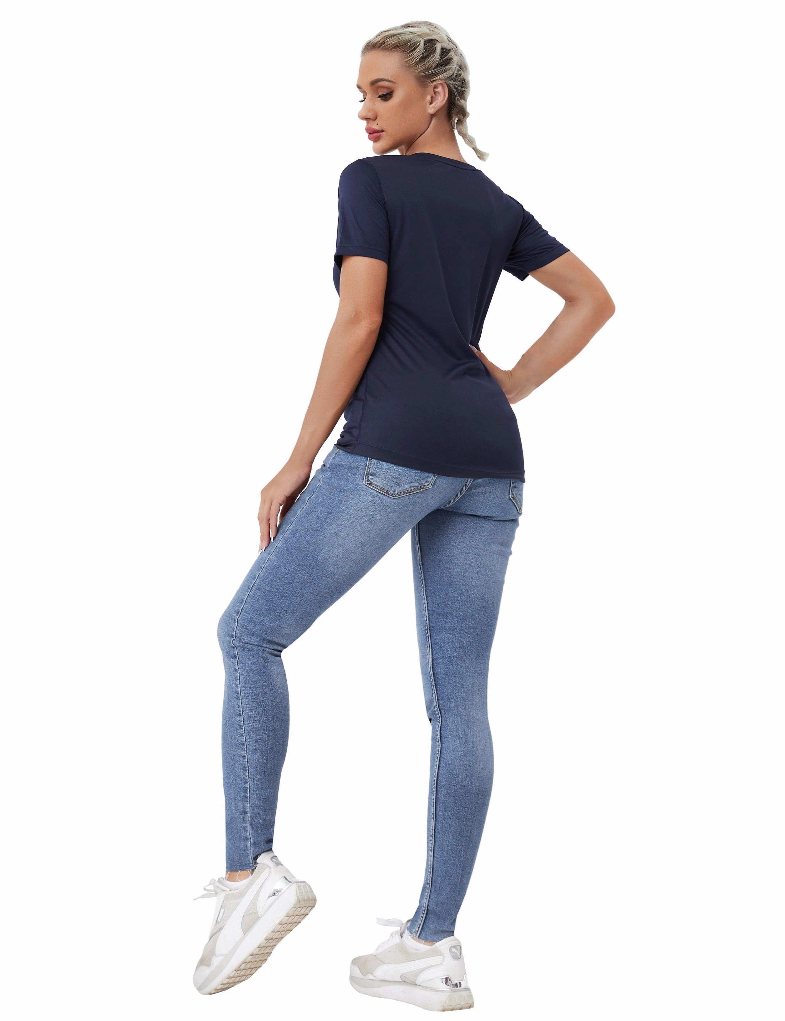 V-Neck Short Sleeve Athletic Shirts darknavy_Plus Size