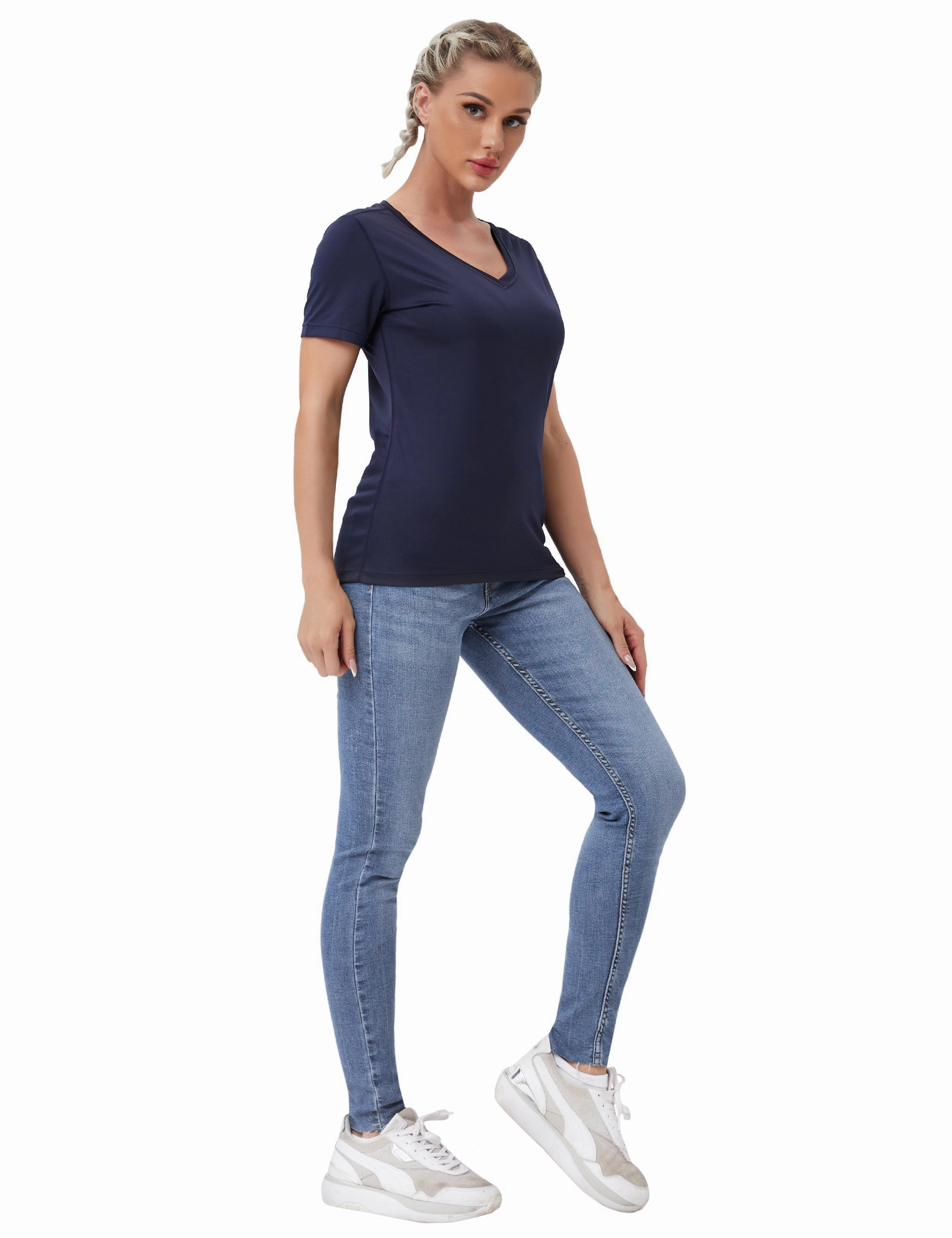 V-Neck Short Sleeve Athletic Shirts darknavy_Plus Size