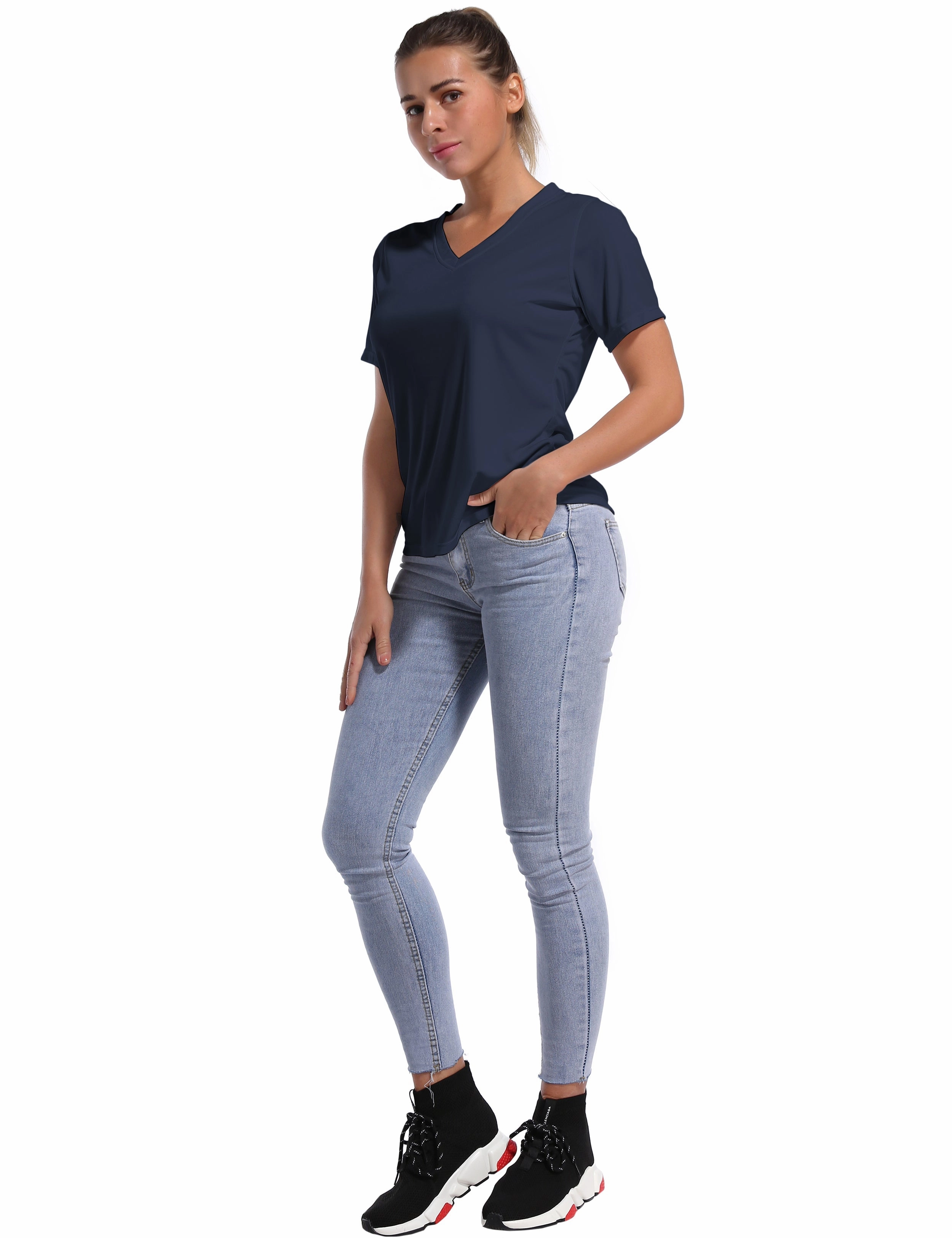 V-Neck Short Sleeve Athletic Shirts darknavy_yogastudio