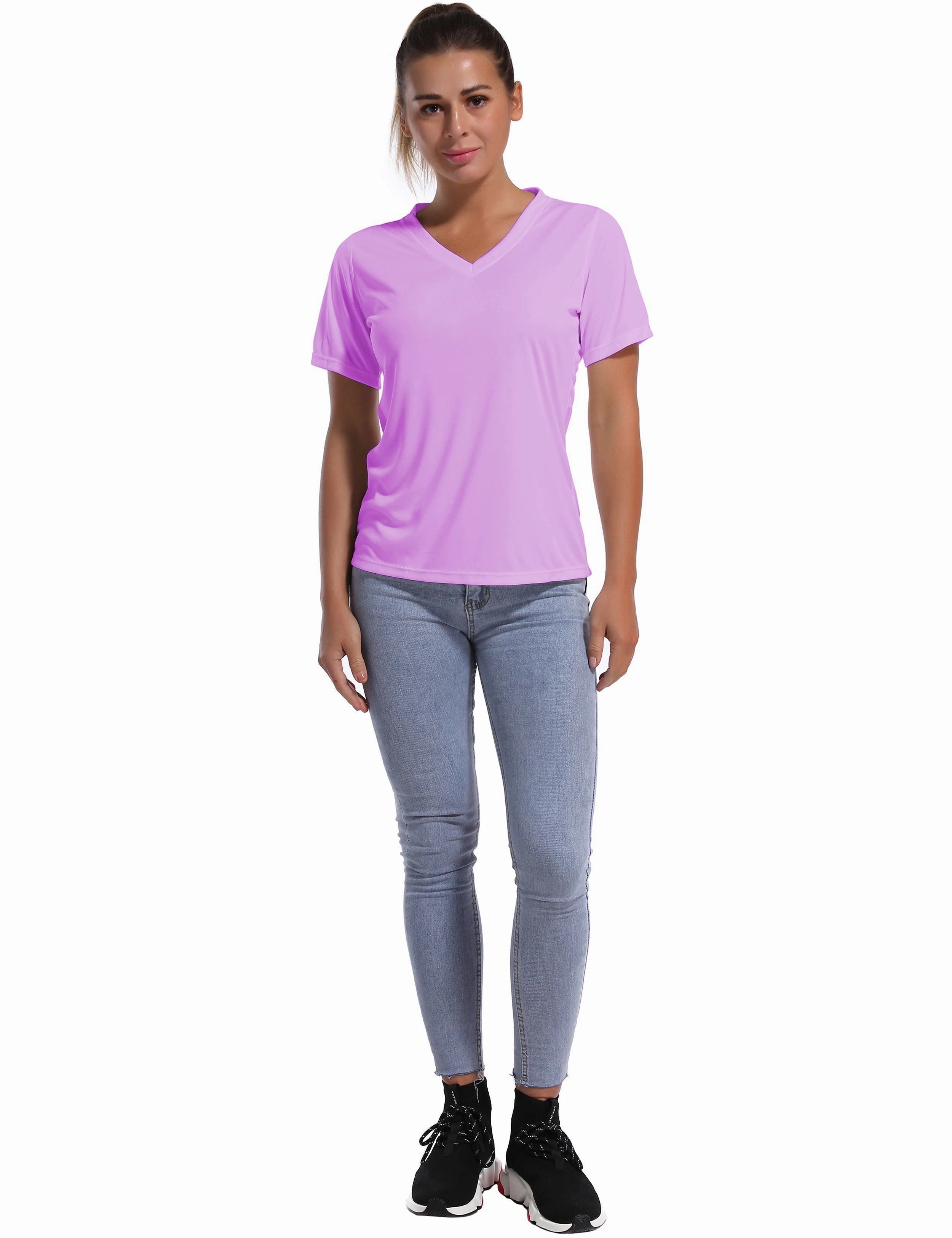 V-Neck Short Sleeve Athletic Shirts purple_Plus Size