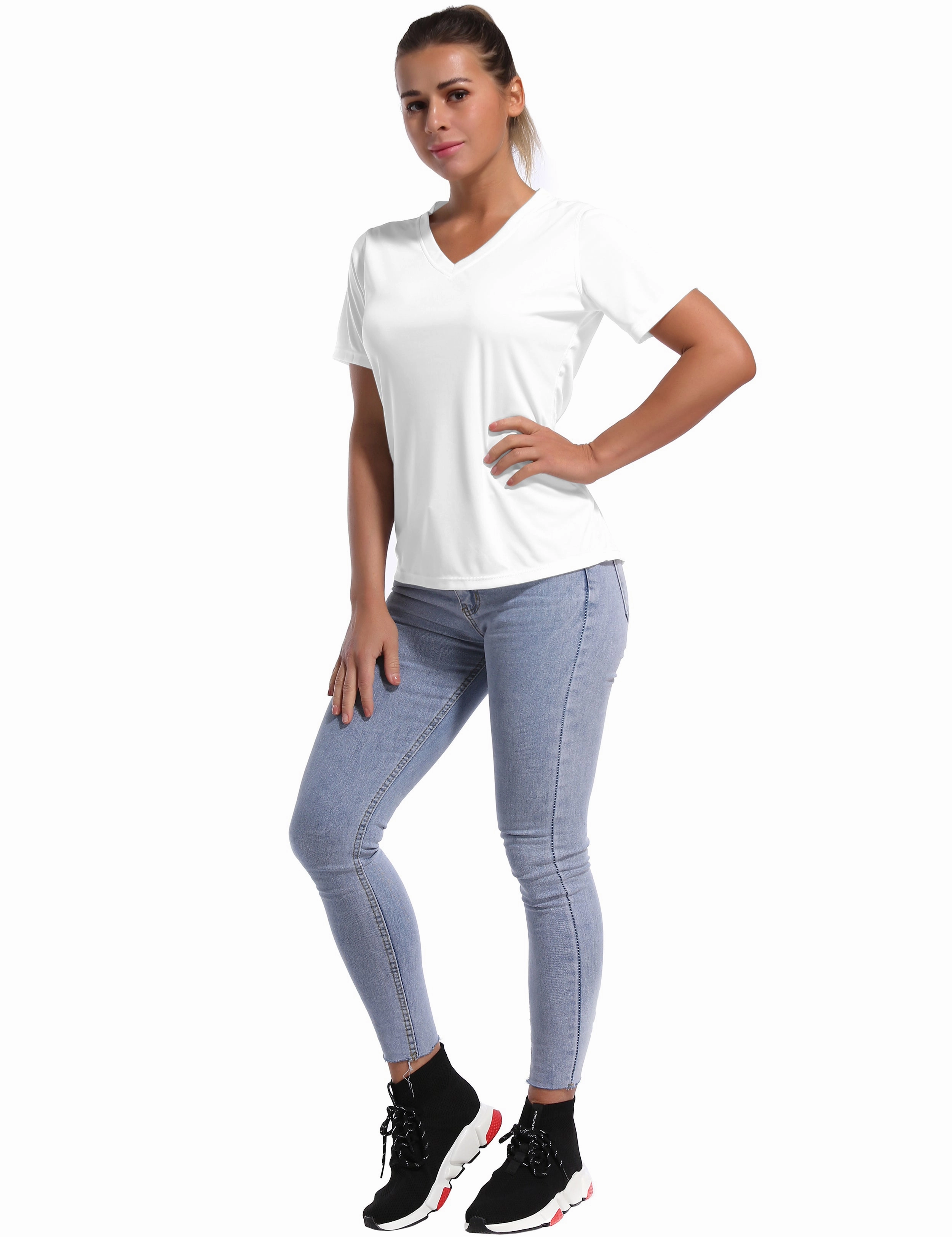 V-Neck Short Sleeve Athletic Shirts white_Running