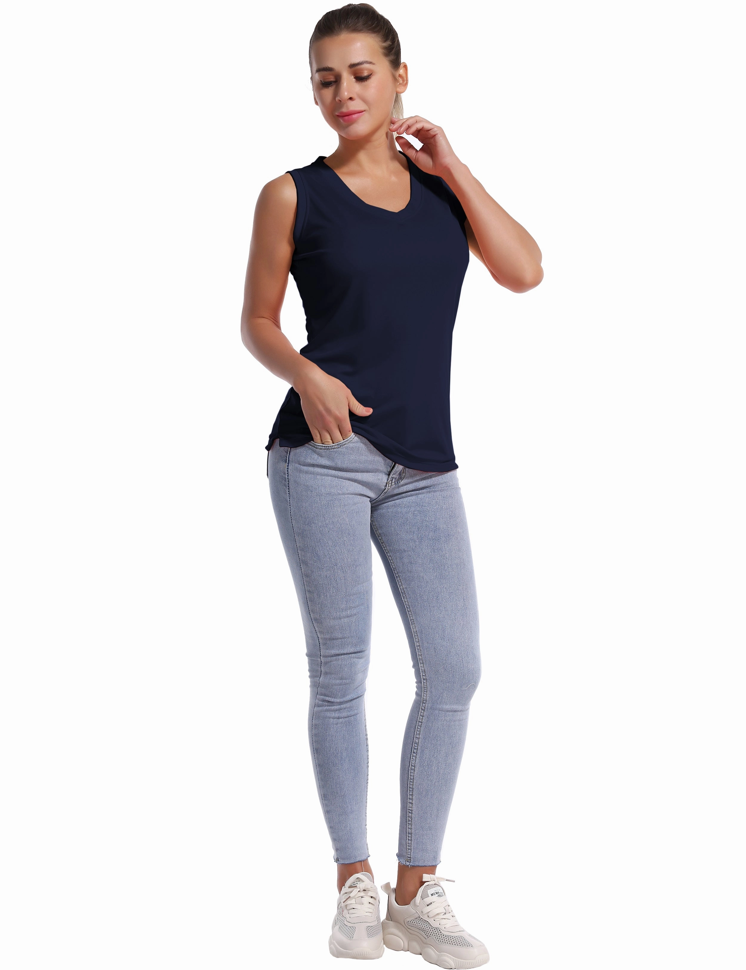 V Neck Sleeveless Athletic Shirts darknavy_Biking