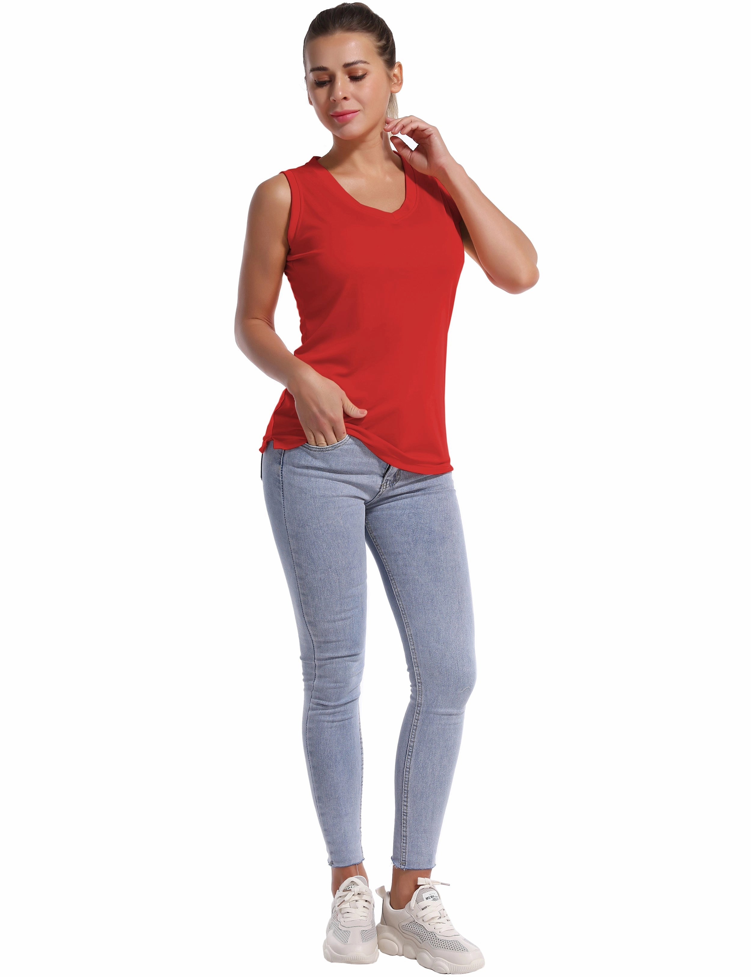 V Neck Sleeveless Athletic Shirts red_yogastudio