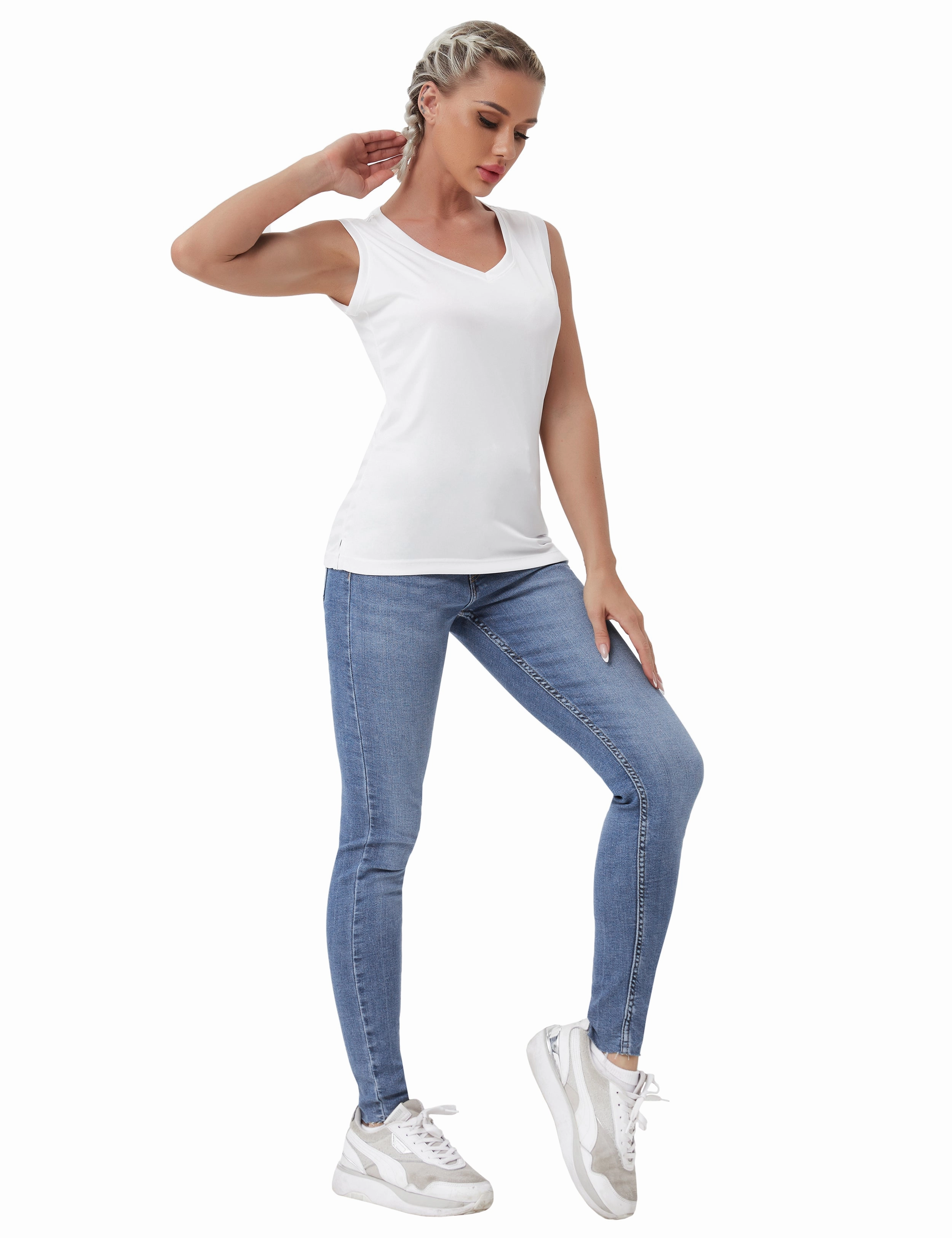 V Neck Sleeveless Athletic Shirts white_Gym