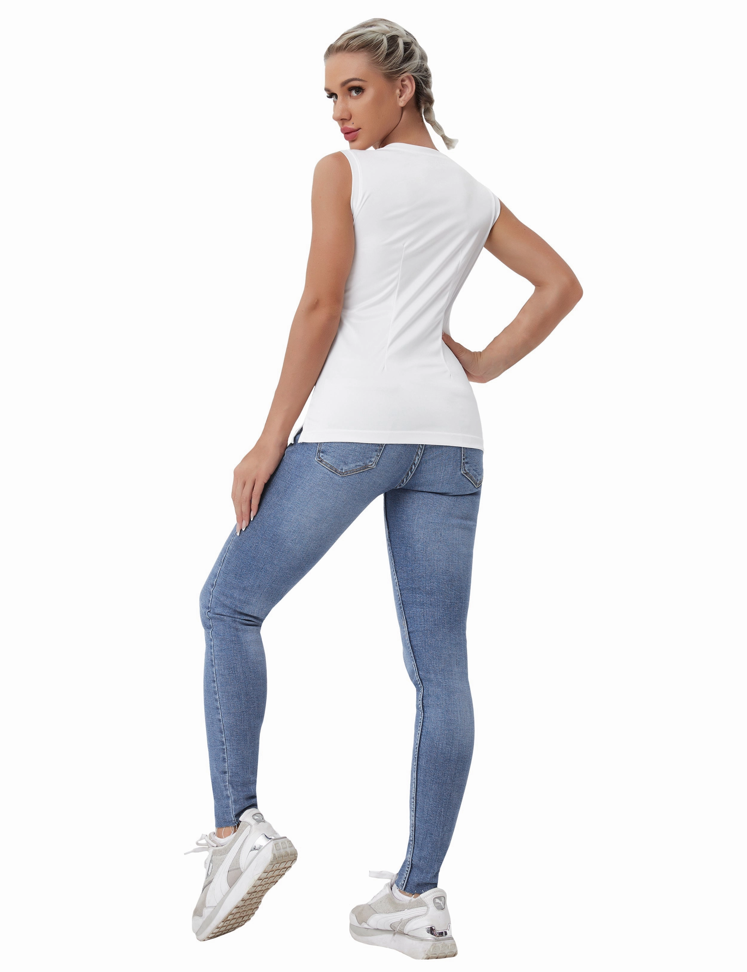 V Neck Sleeveless Athletic Shirts white_yogastudio