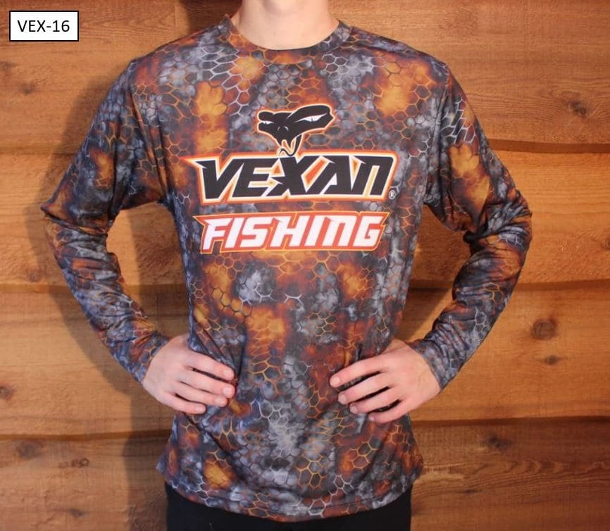 Vexan Fishing Long Sleeve T-Shirt Orange Medium Gray Scales Camo Pattern