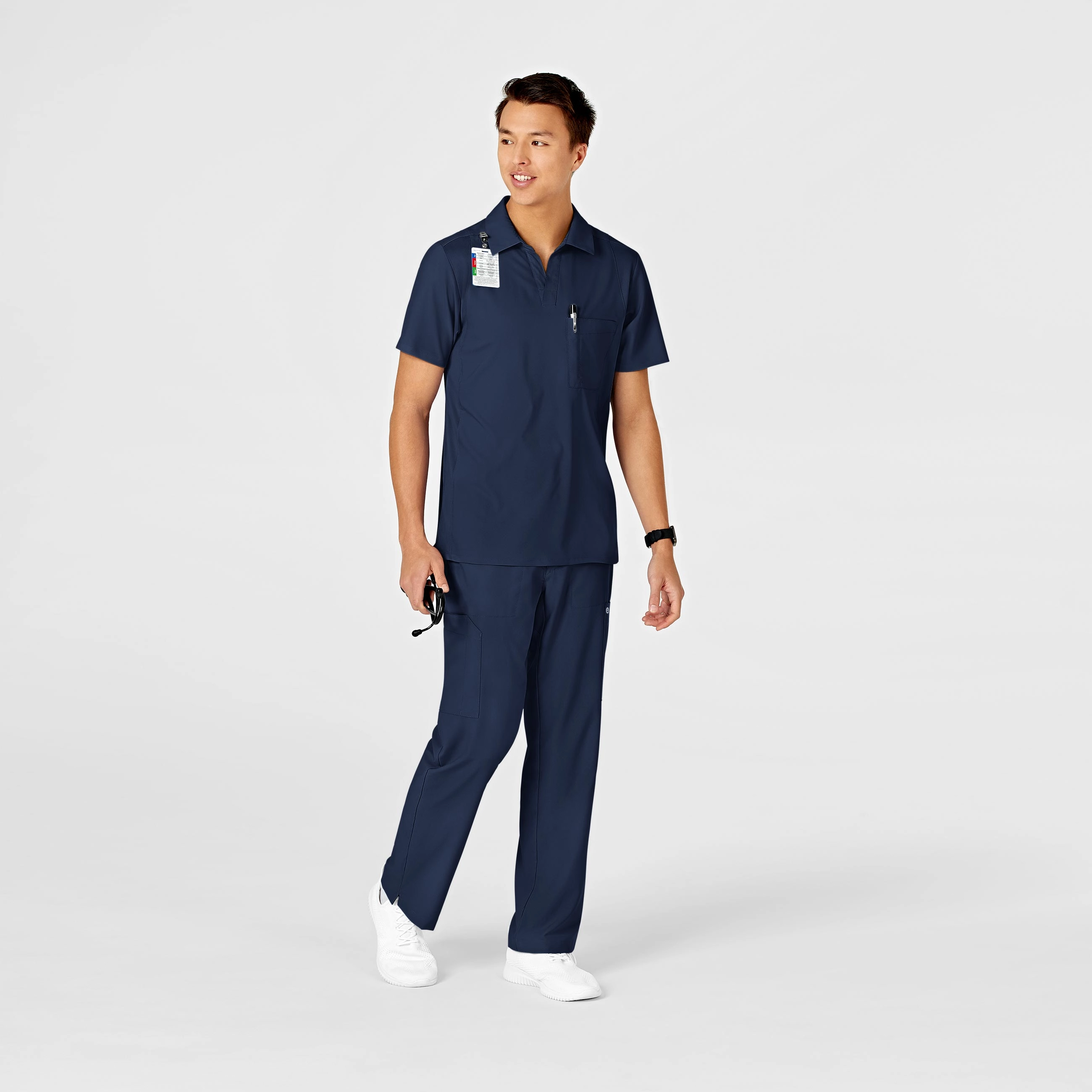 W123 Men's Collar Scrub Top - Navy