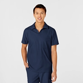 W123 Men's Collar Scrub Top - Navy