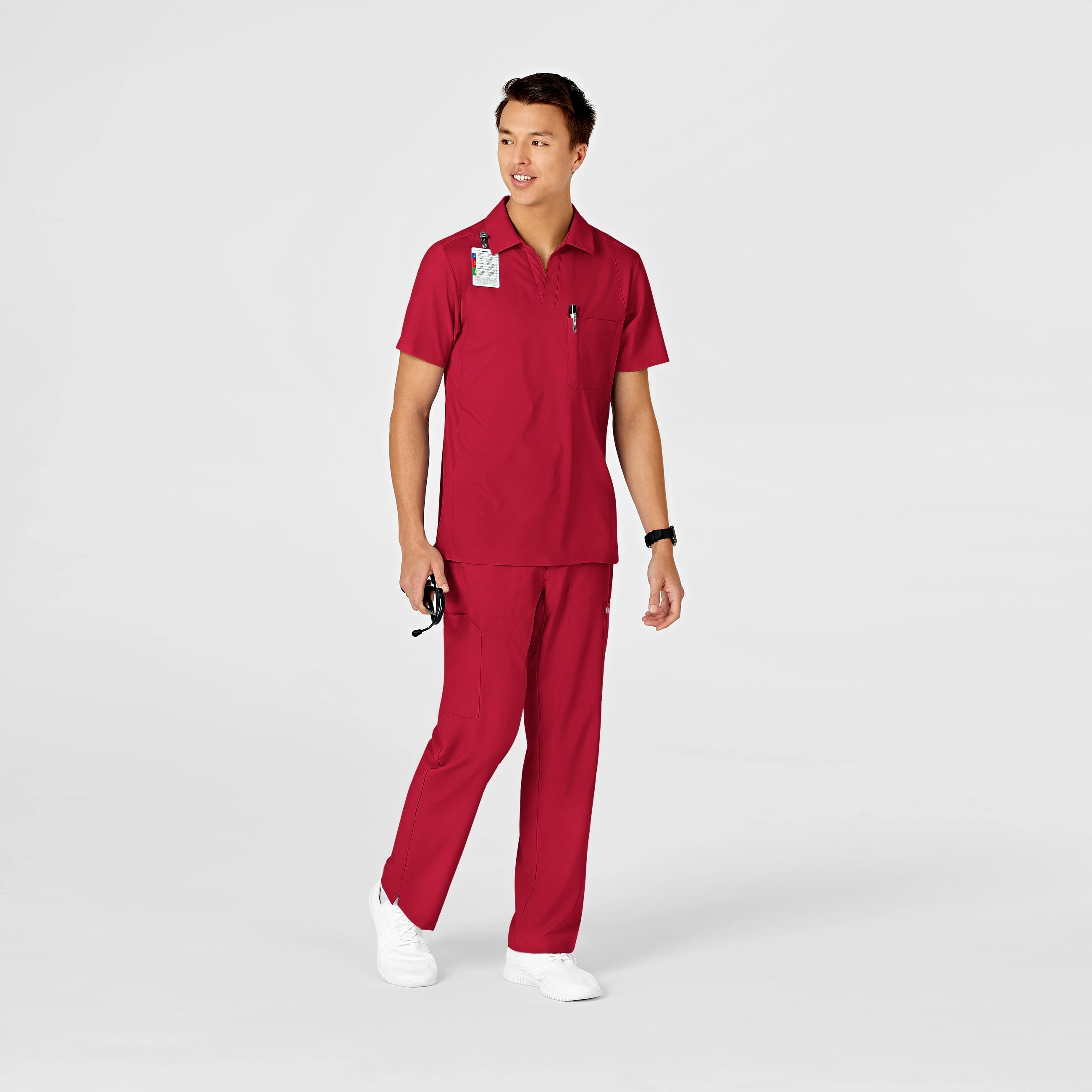 W123 Men's Collar Scrub Top - Red