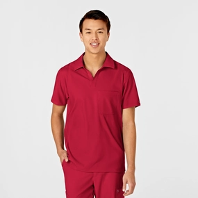 W123 Men's Collar Scrub Top - Red