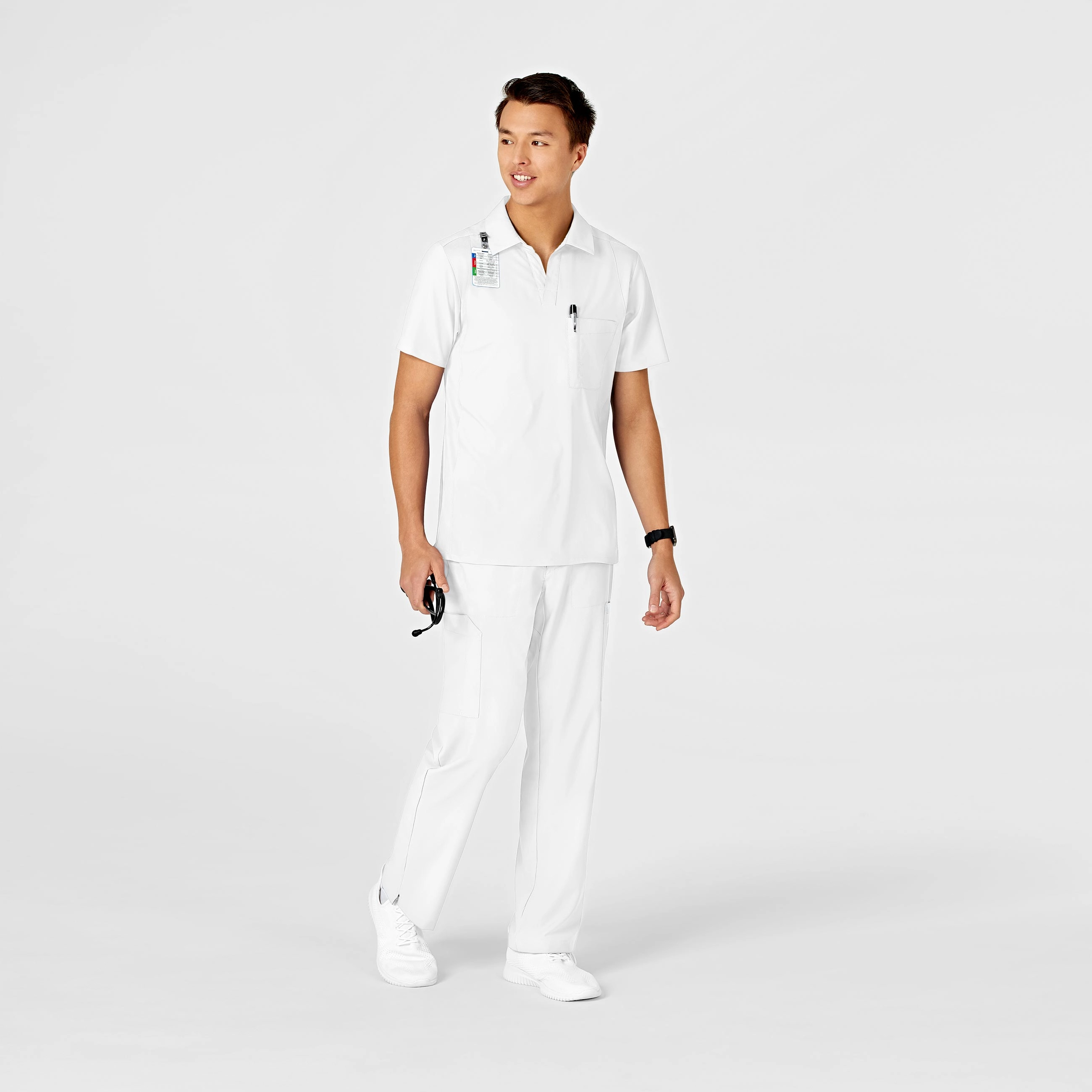 W123 Men's Collar Scrub Top - White