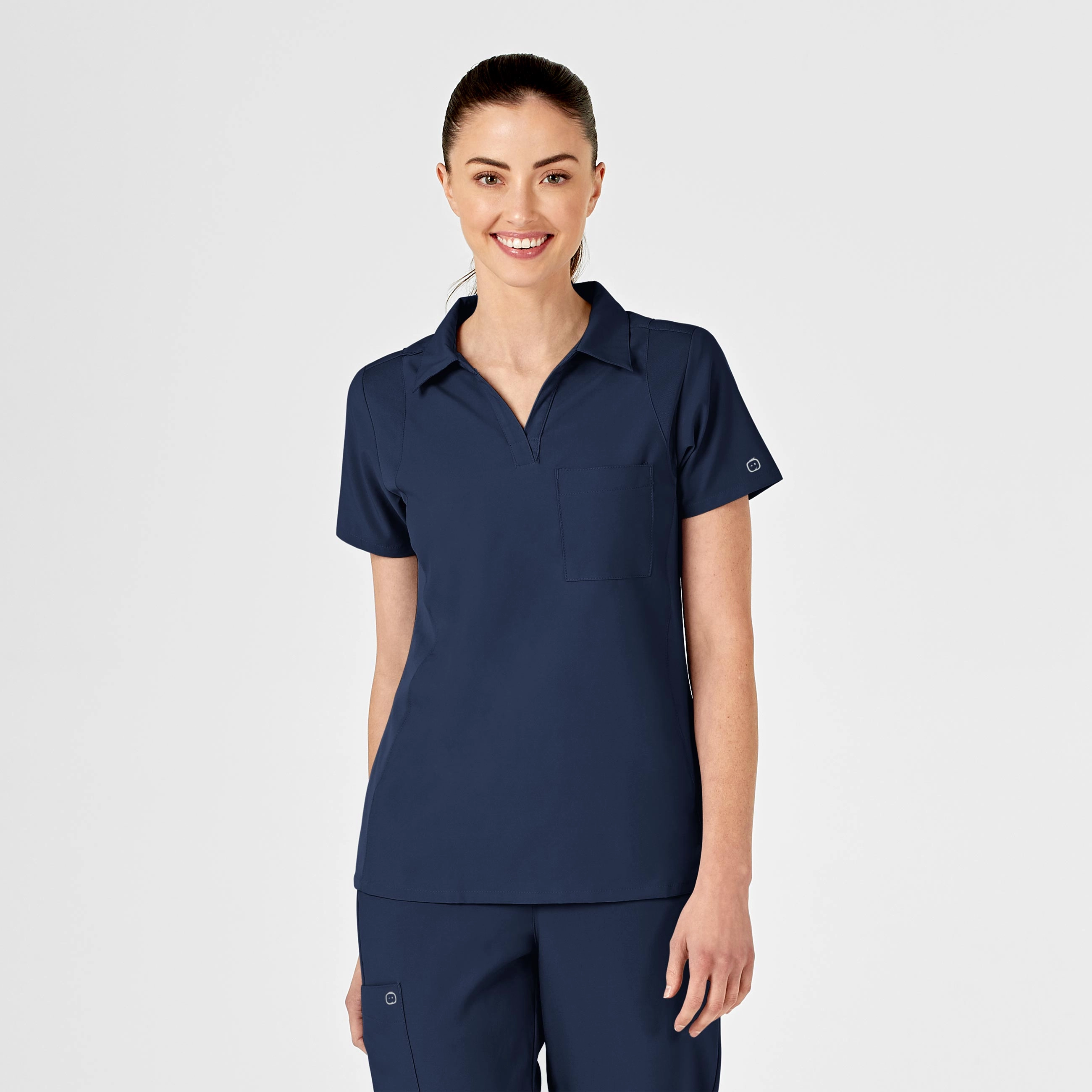 W123 Women's Collar Scrub Top - Navy